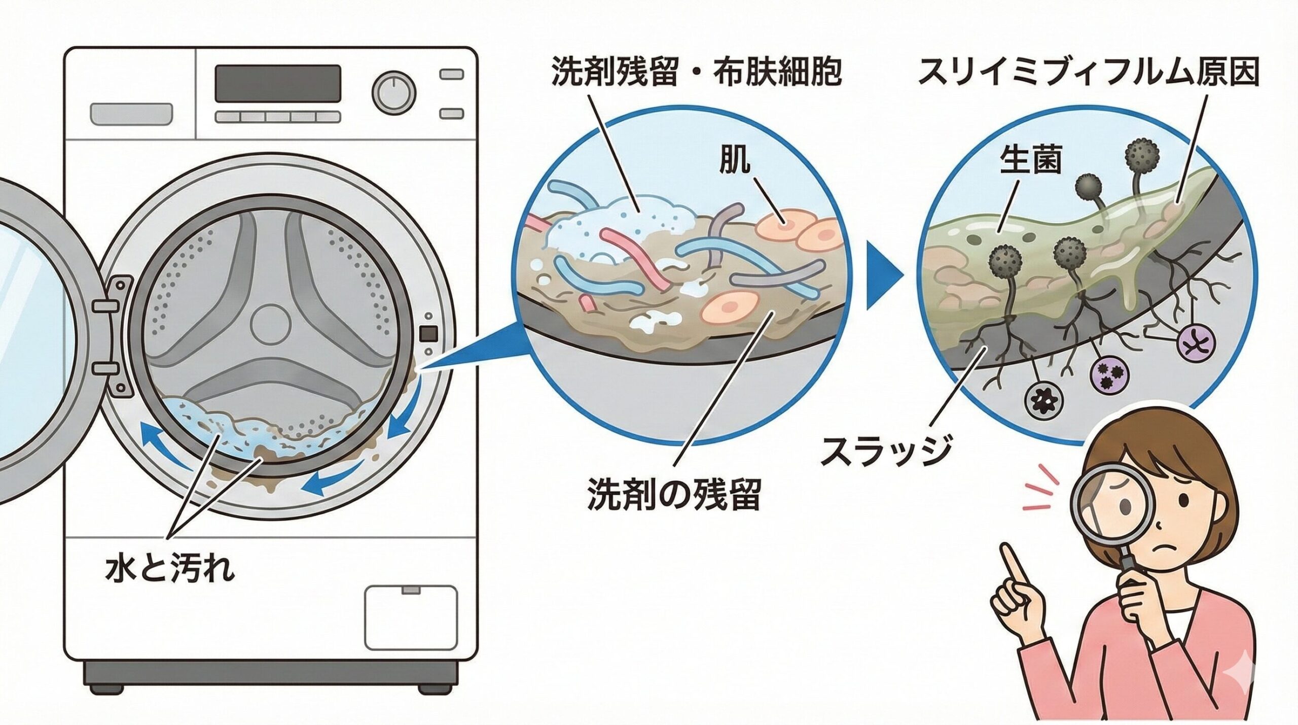 洗濯機のフチ(ゴムパッキン)に汚れや水が溜まり、そこからカビ(バイオフィルム)が発生するメカニズムを図解したイラスト。