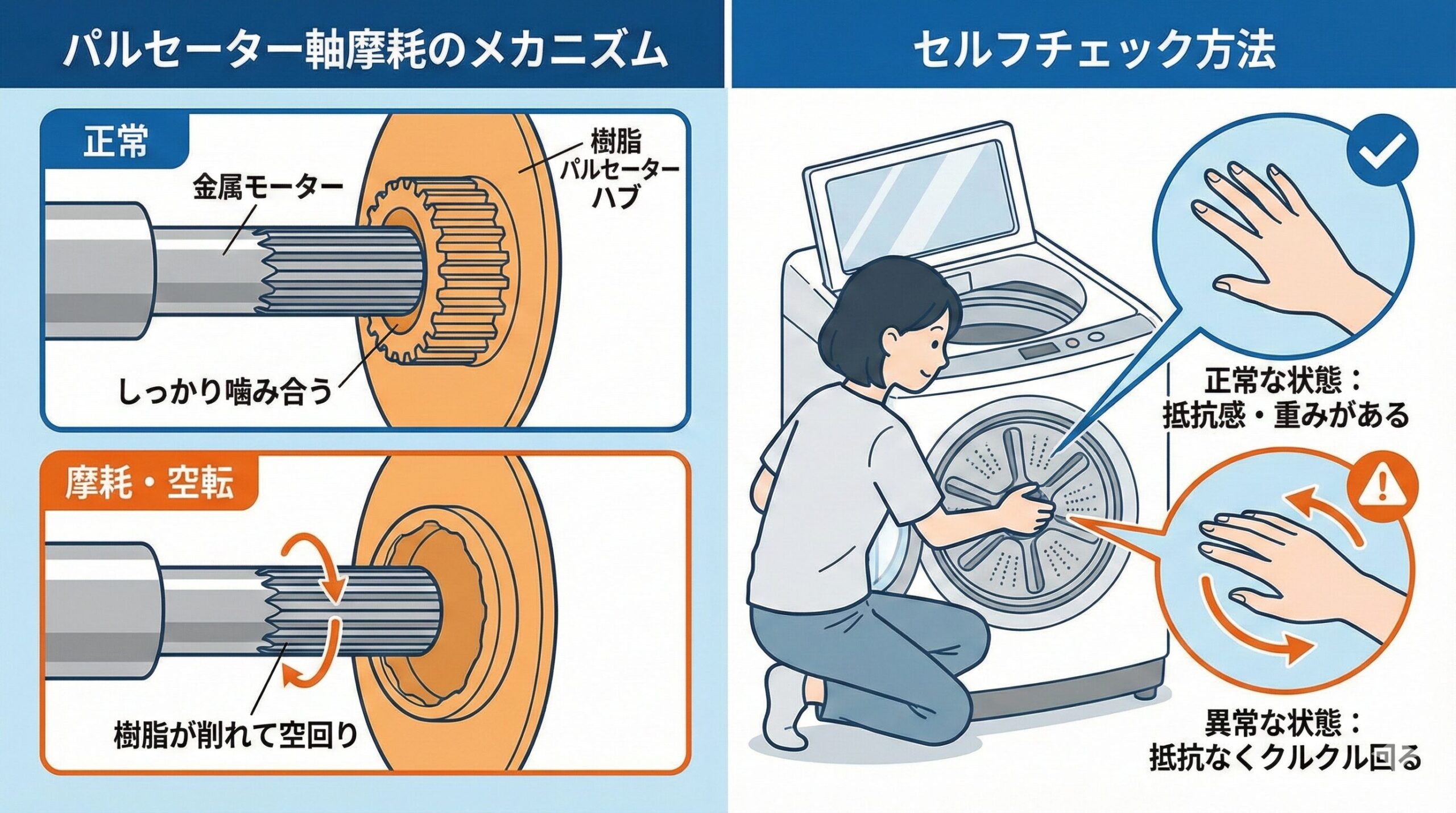 パルセーターの軸摩耗（セレーションの舐め）のメカニズムと、手で回して確認するセルフチェック方法を図解したイラスト。左側は正常な噛み合わせと摩耗して空転する状態の比較、右側は電源オフ時に手で回した際の抵抗感による正常・異常の見分け方を示している。