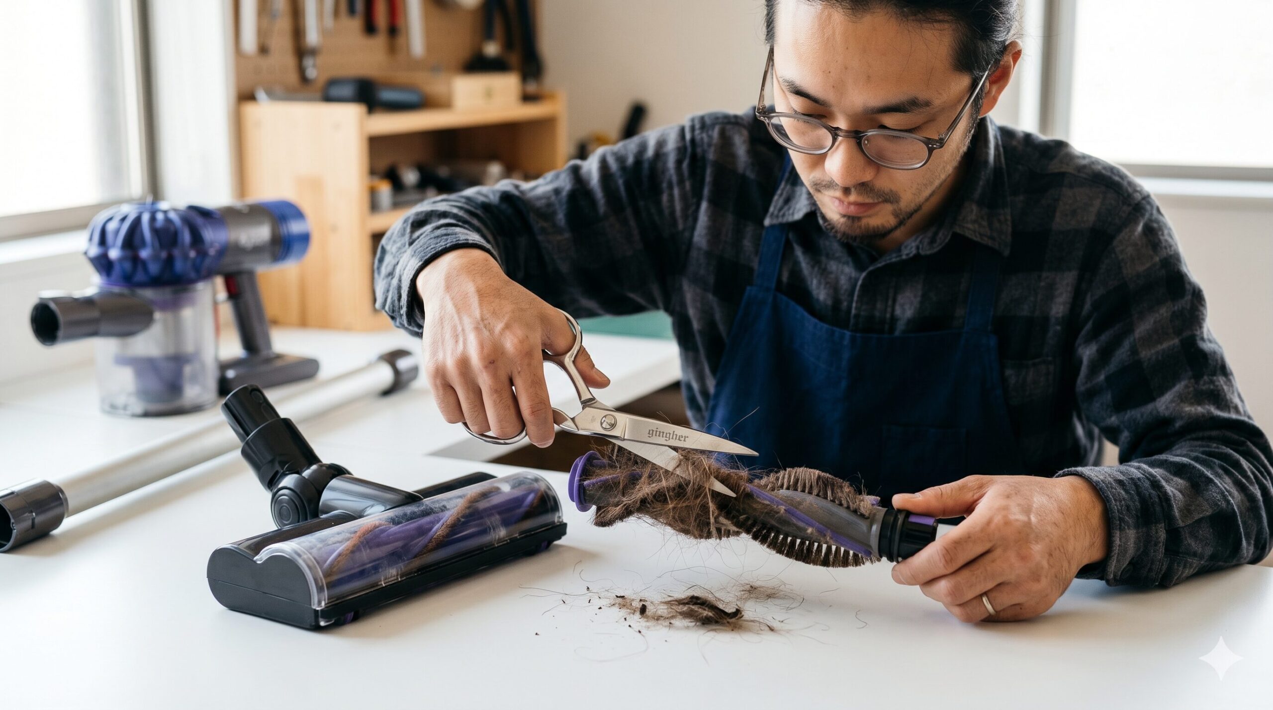 掃除機のヘッドブラシに絡まった毛をハサミで取り除くメンテナンス作業
