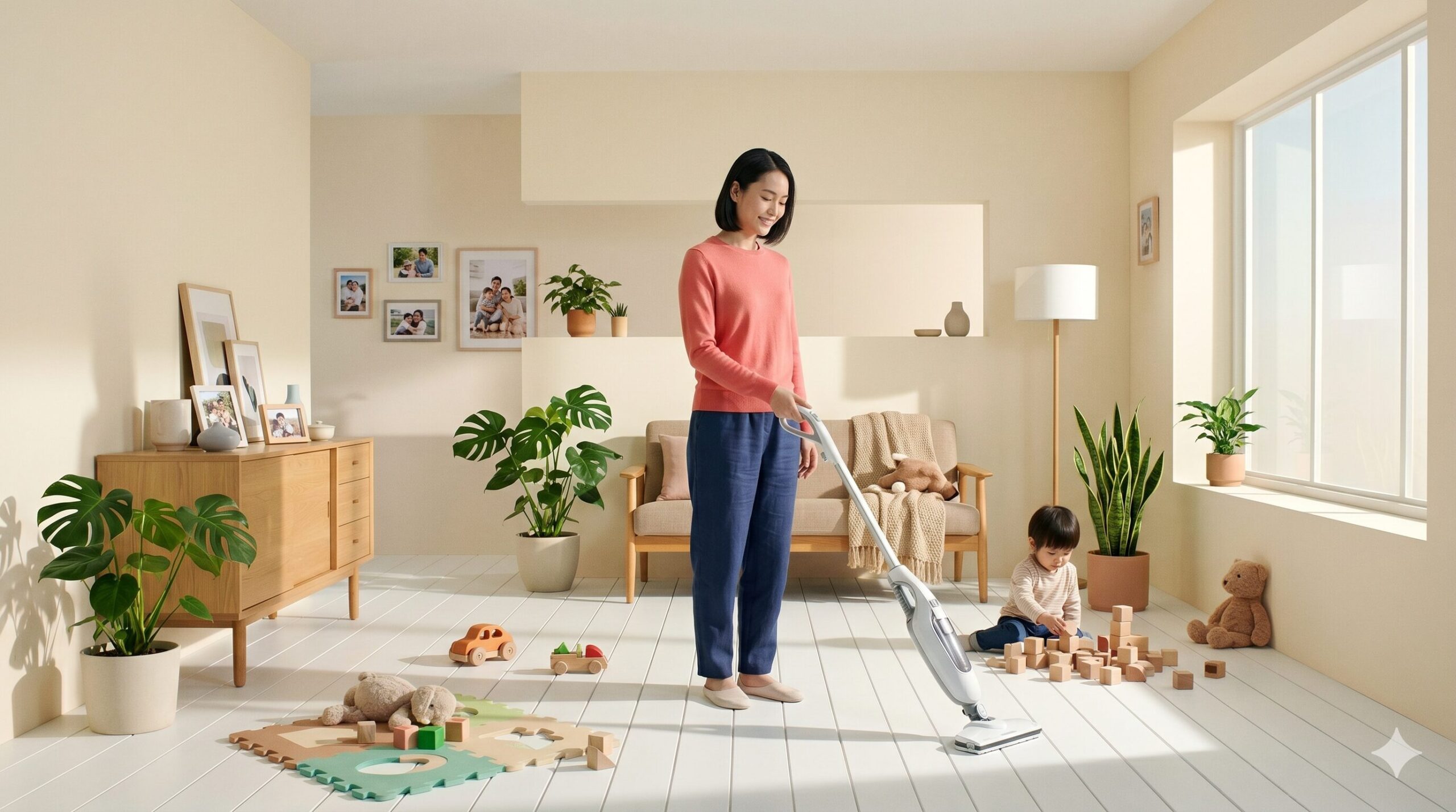 子供が遊ぶ床をアクアエックスで水拭き掃除している母親の様子