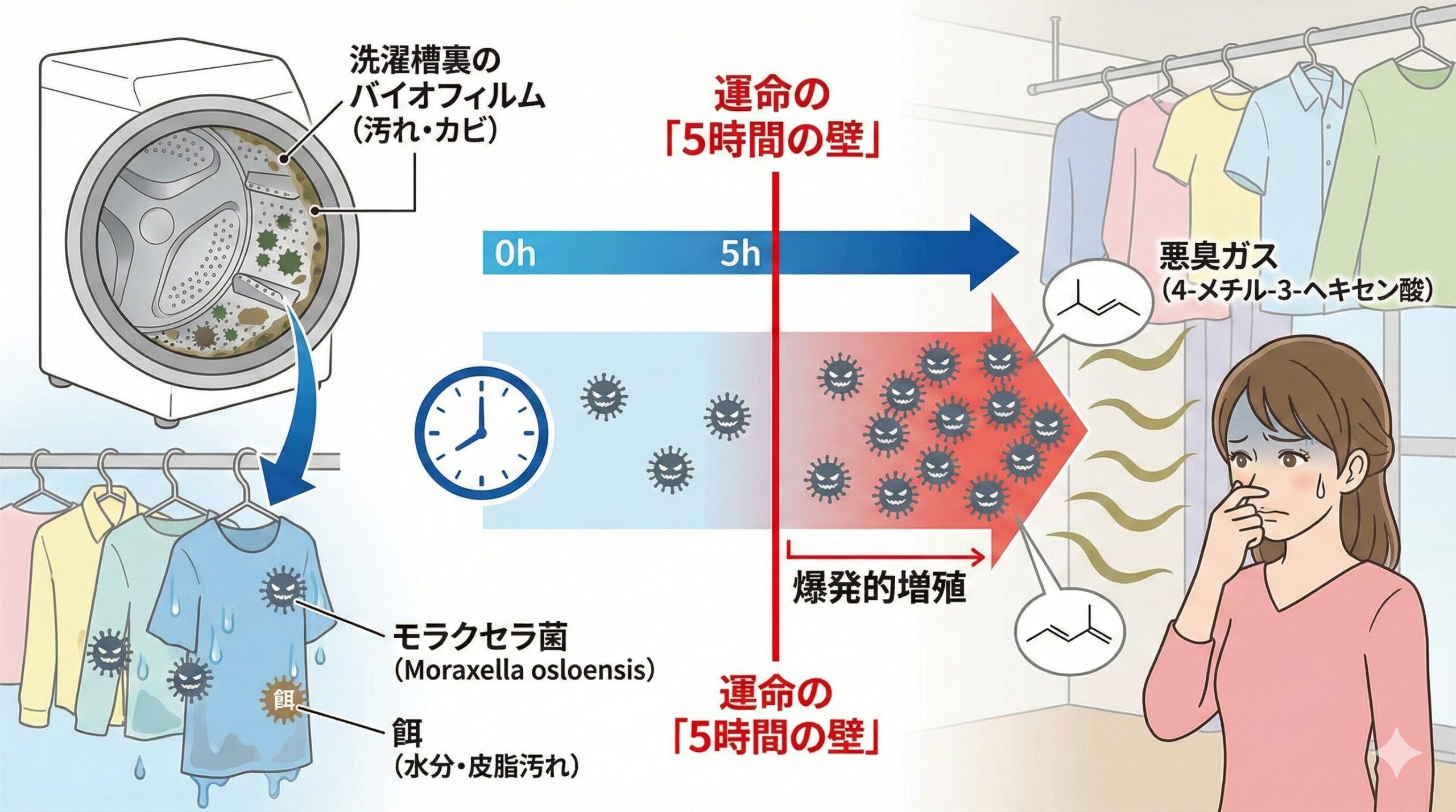 部屋干し臭の発生メカニズム図解。洗濯後、衣類の水分と汚れを餌にモラクセラ菌が増殖し、「運命の5時間の壁」を超えると爆発的に増え、悪臭ガス（4-メチル-3-ヘキセン酸）を放つ様子を示す。