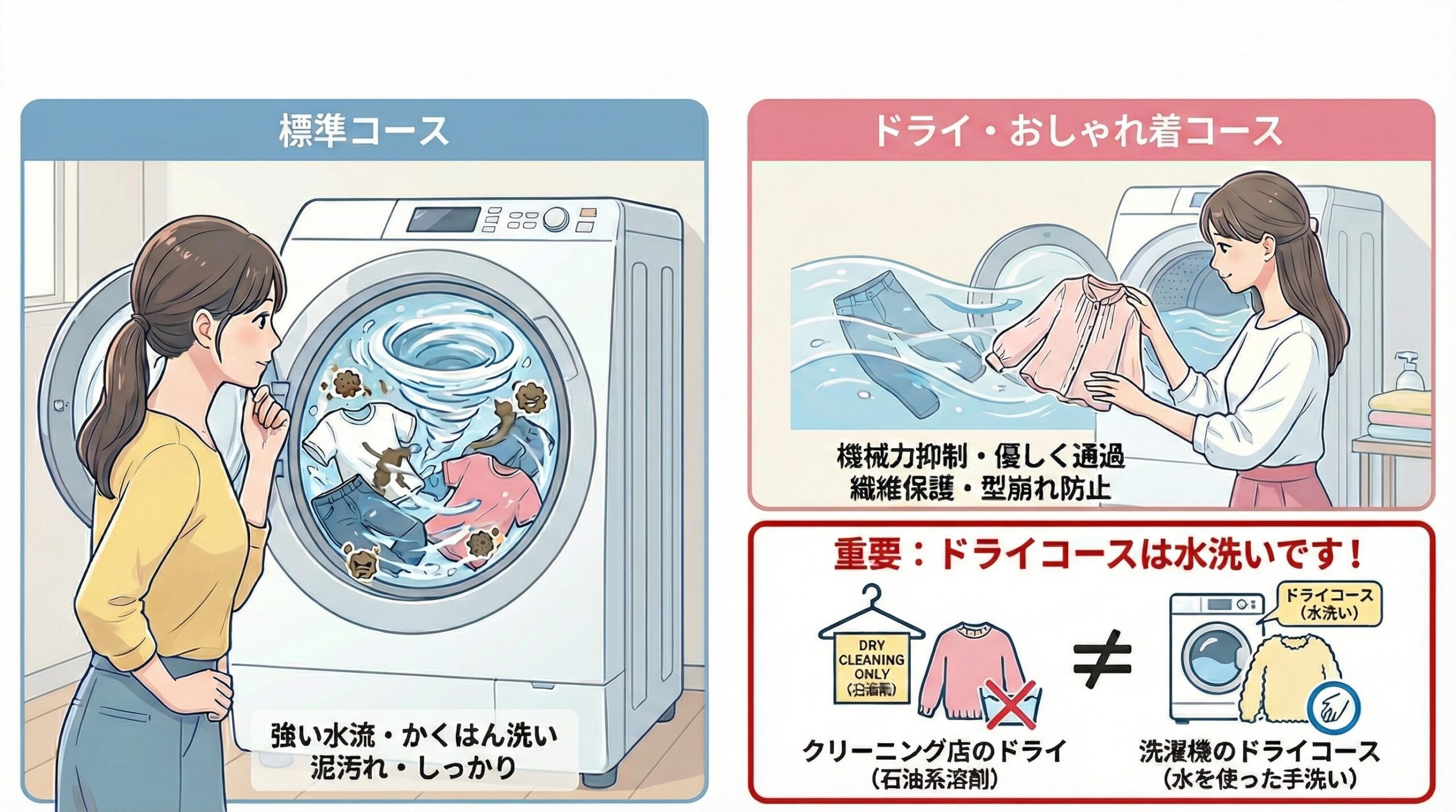 洗濯機の標準コースとドライ・おしゃれ着コースの違いを比較解説した図解イラスト。