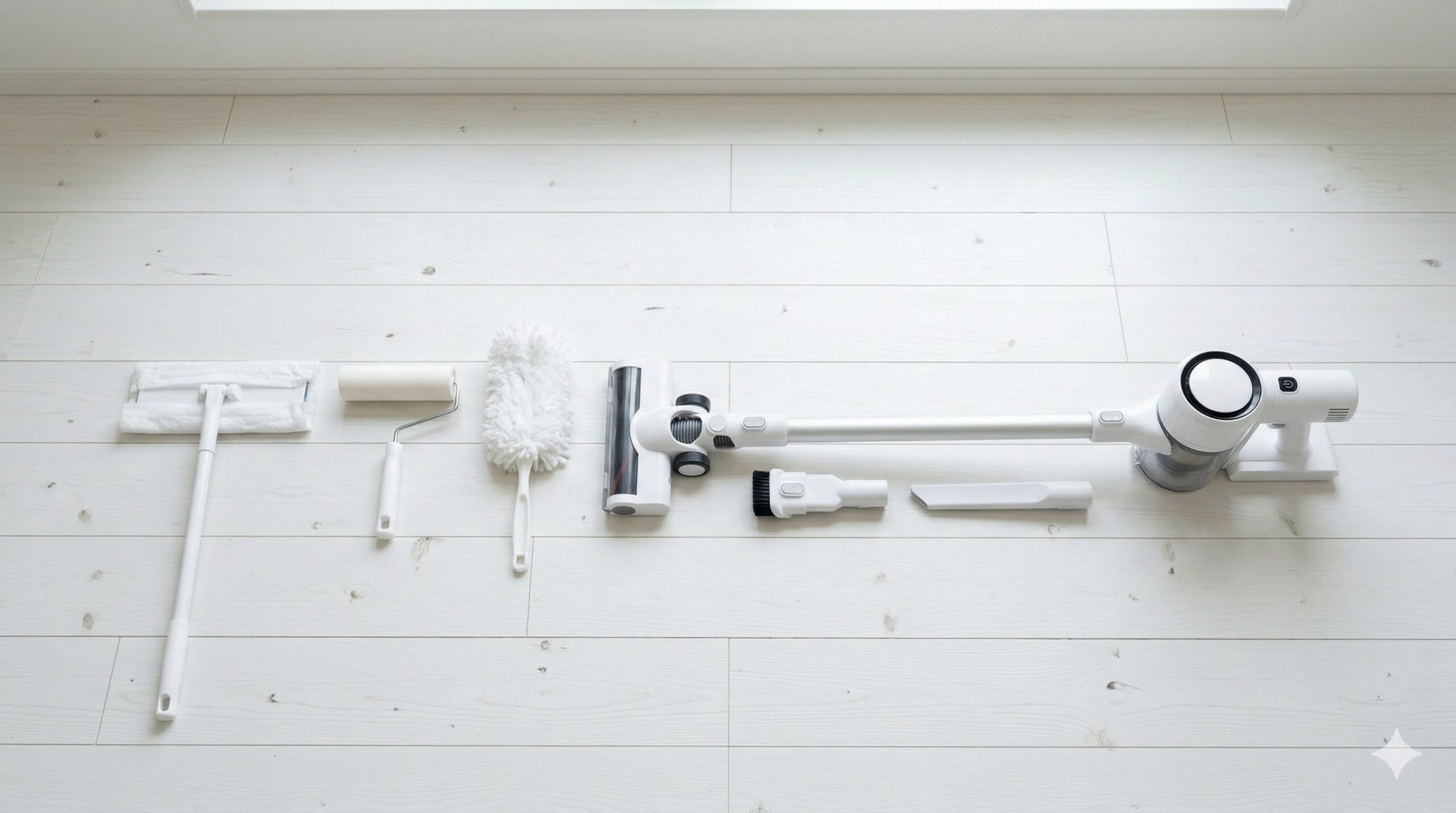  フローリングワイパーやコロコロと掃除機を並べた比較イメージ