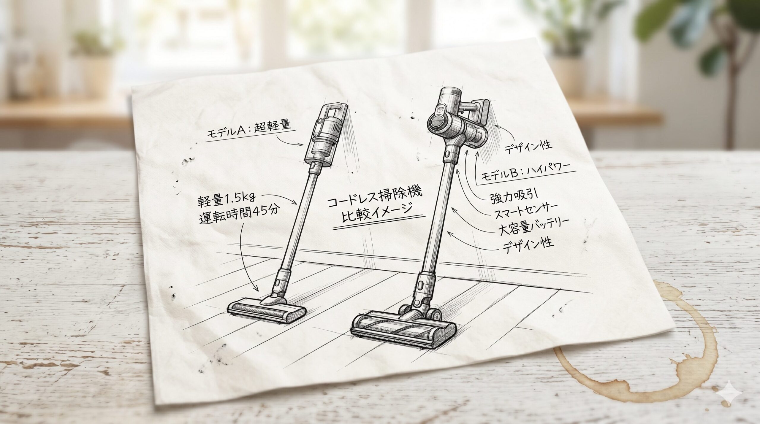 オラージュとダイソンのコードレス掃除機を並べて比較するイメージ
