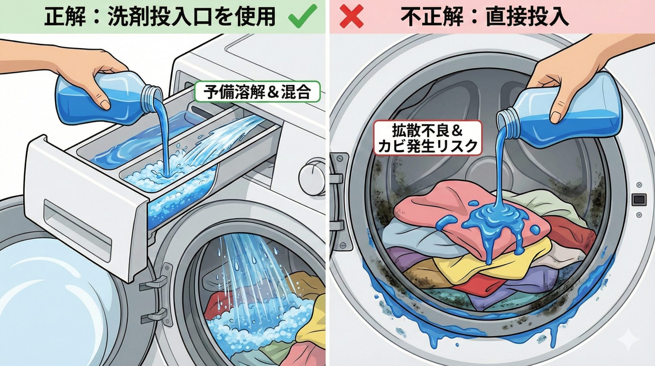 洗濯機への洗剤投入方法比較図解。左側は洗剤ケース(ディスペンサー)を使用して洗剤が水と混ざり泡となって洗濯槽に注がれる正しい例、右側は洗濯槽の衣類へ直接洗剤を投入し、洗剤が固まったり洗濯槽に黒カビが発生している間違った例を示しています。