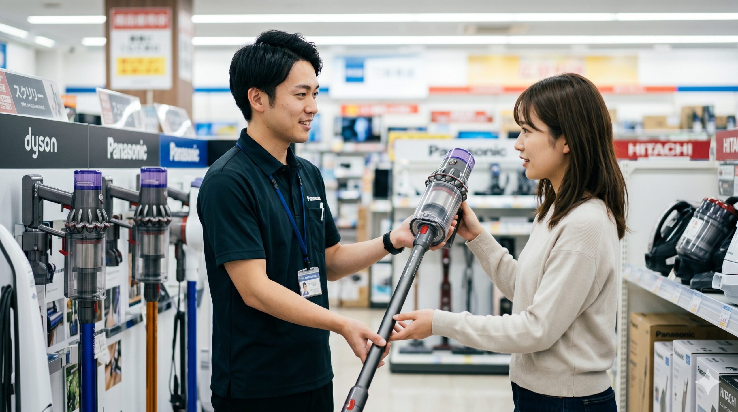 家電量販店で販売員が女性客に掃除機を説明しているシーン