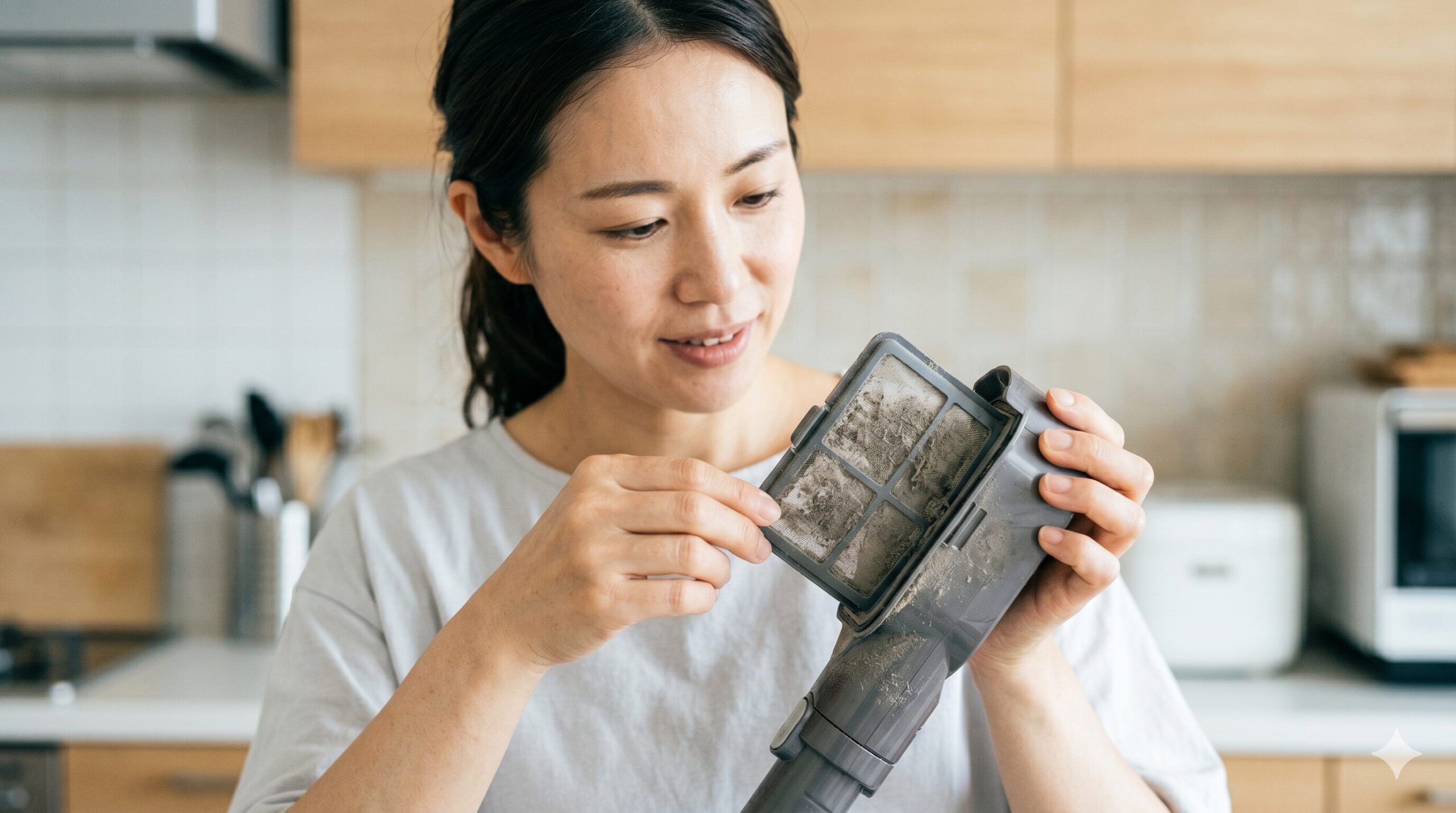 コードレス掃除機のフィルターにホコリが詰まっている状態を確認する場面