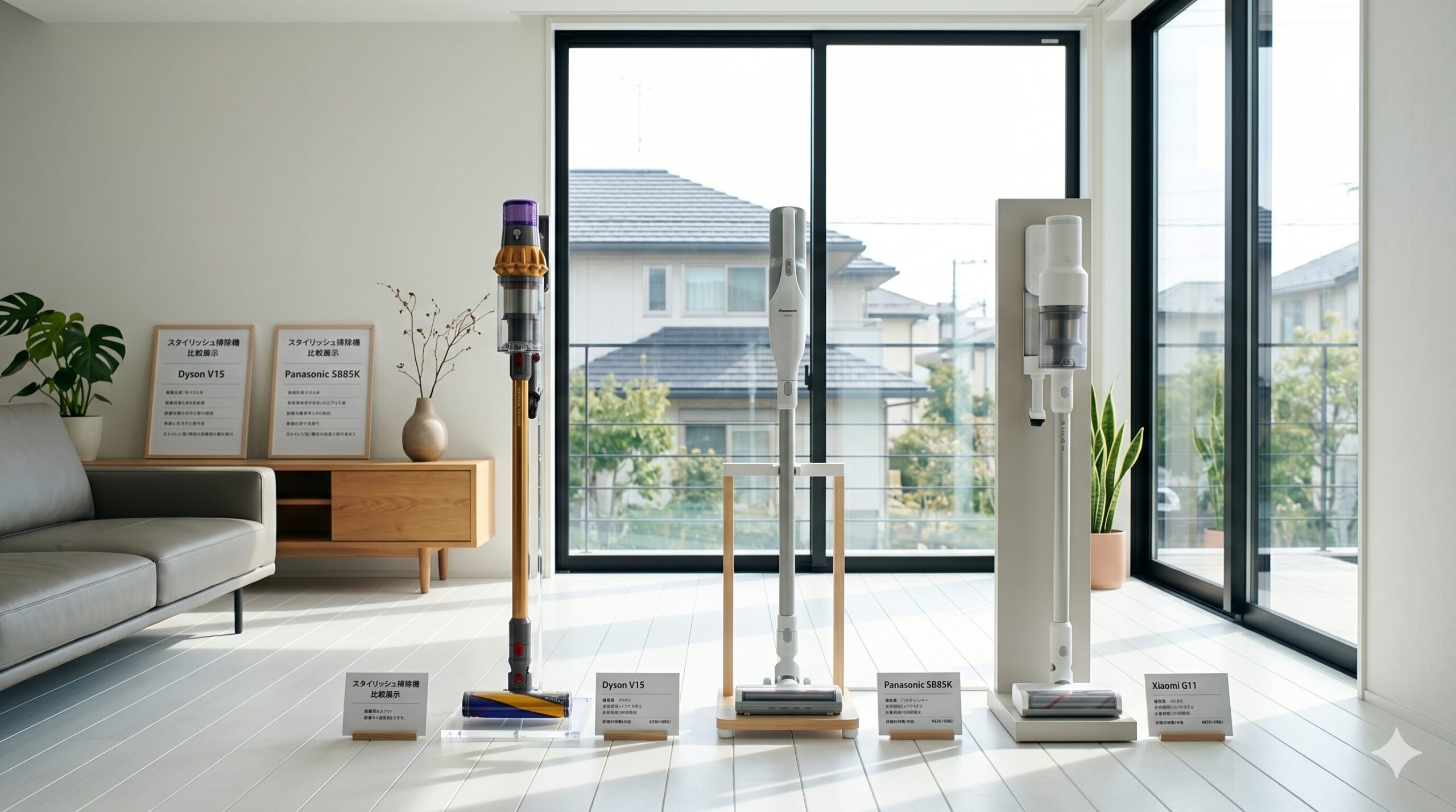 モダンなリビングに並ぶ3台のコードレス掃除機の比較イメージ