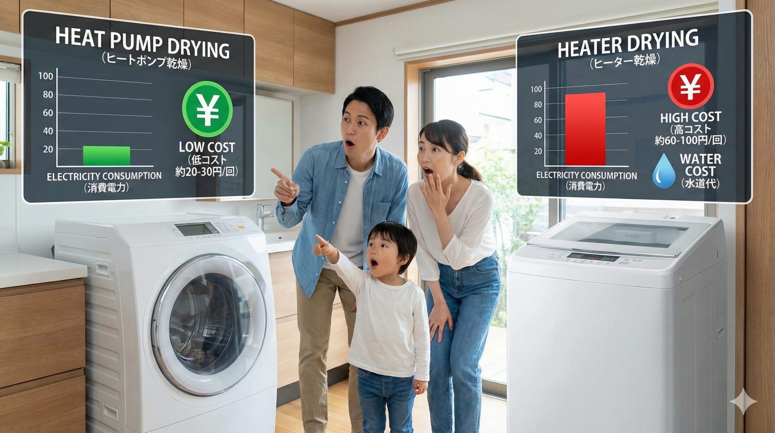 ヒートポンプ乾燥（ドラム式）とヒーター乾燥（縦型）のランニングコストを比較したインフォグラフィック