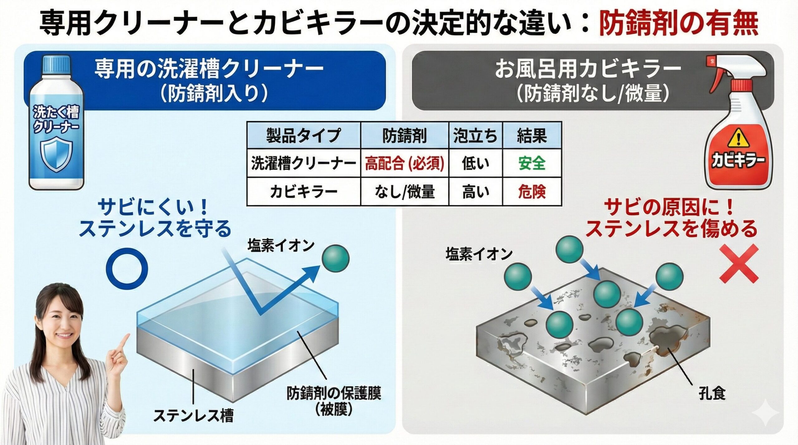 専用の洗濯槽クリーナーとカビキラーの決定的な違いである「防錆剤の有無」を解説する比較図。左側は防錆剤がステンレスを守り安全であること、右側は防錆剤がないため塩素イオンがステンレスを腐食させ孔食（サビ）の原因となる危険性を示している。