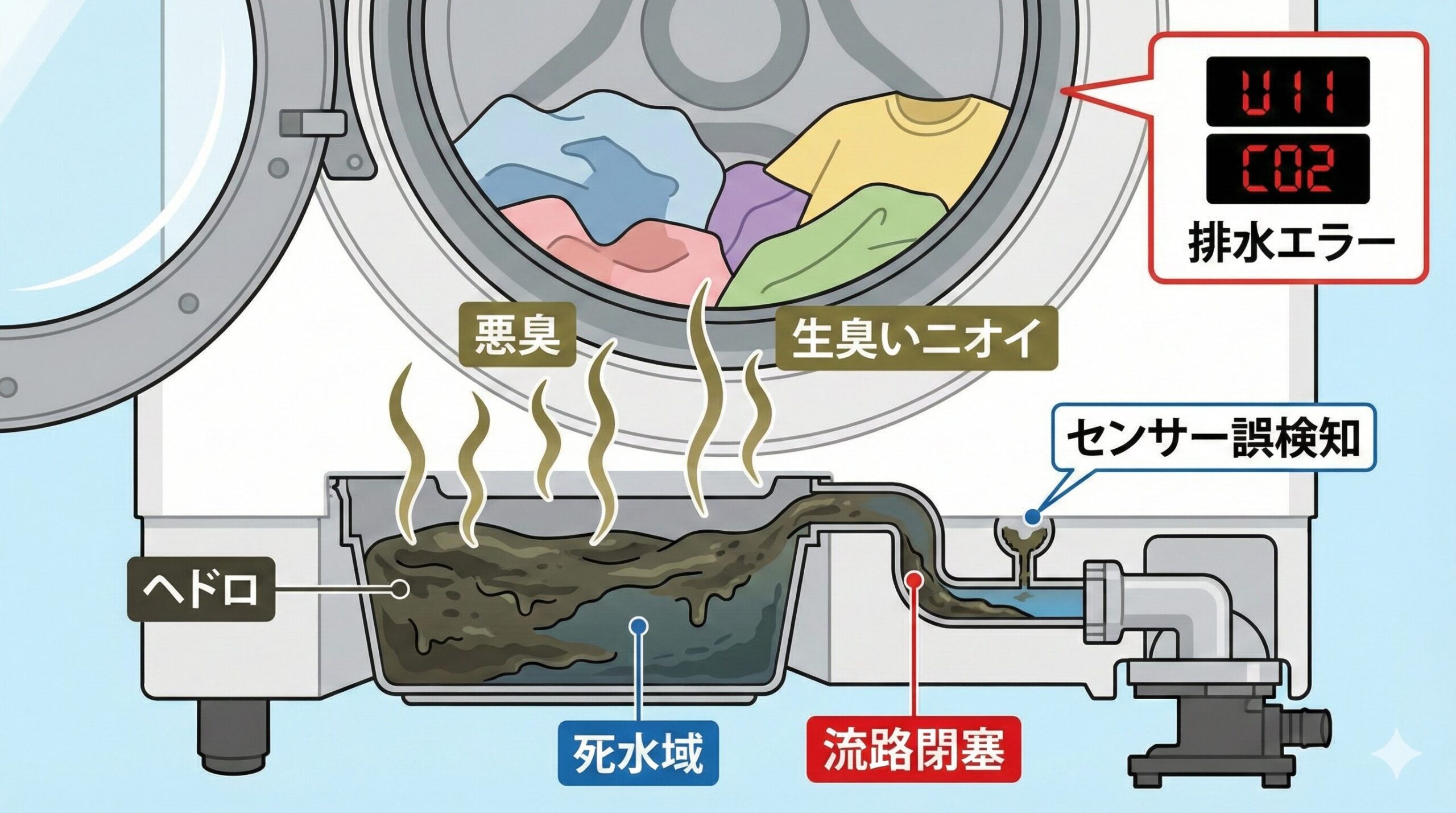 洗濯機の排水フィルター奥に溜まったヘドロと死水域が原因で、悪臭が発生し、流路閉塞やセンサー誤検知によって排水エラー（U11, C02）が引き起こされるメカニズムの図解。