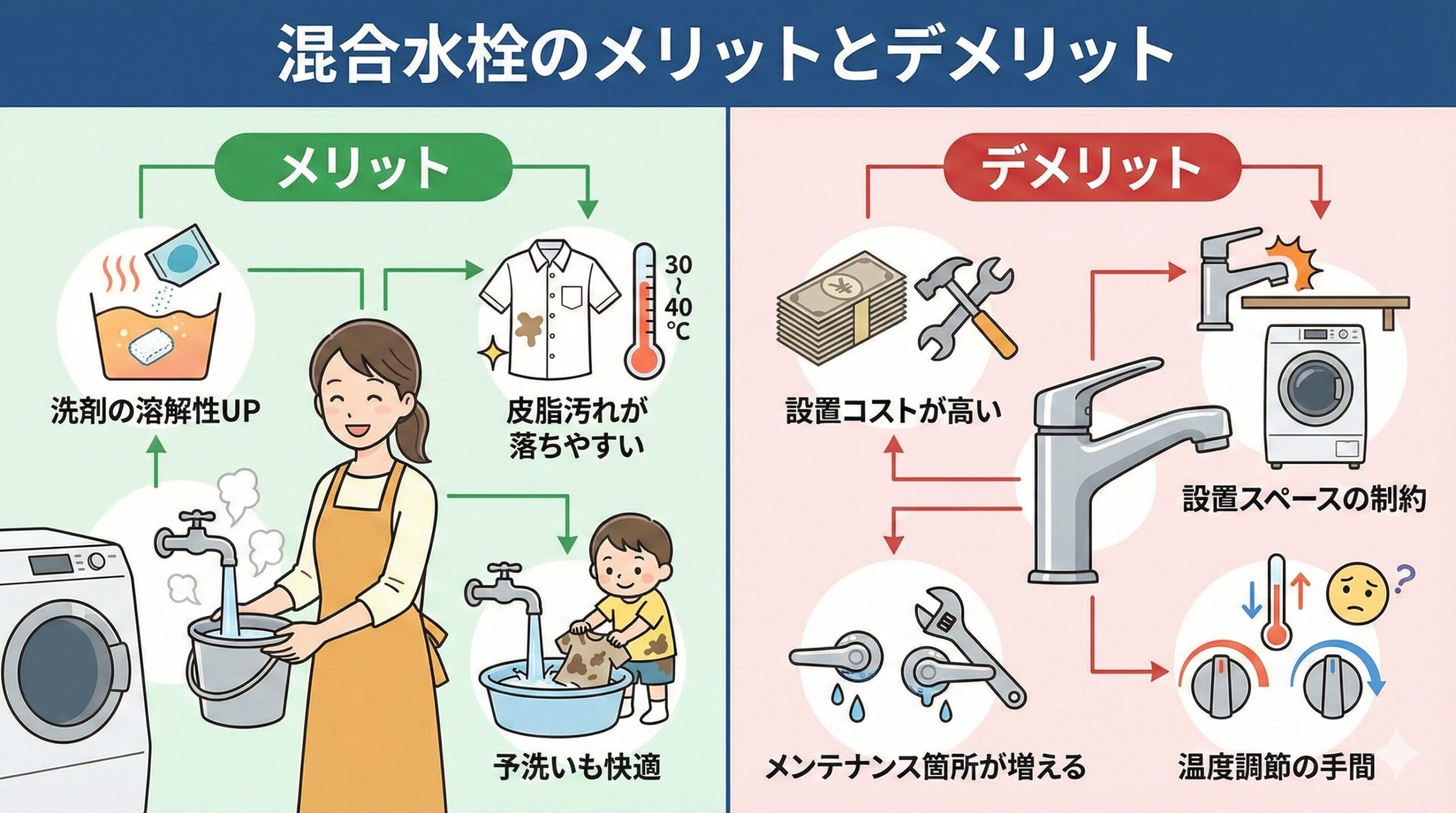 洗濯機用混合水栓のメリットとデメリットを図解したイラスト。左側の「メリット」では洗剤の溶解性向上、皮脂汚れ除去、予洗いの利便性を、右側の「デメリット」では設置コスト、スペース制約、メンテナンス増加、温度調節の手間をそれぞれアイコンとテキストで説明している。