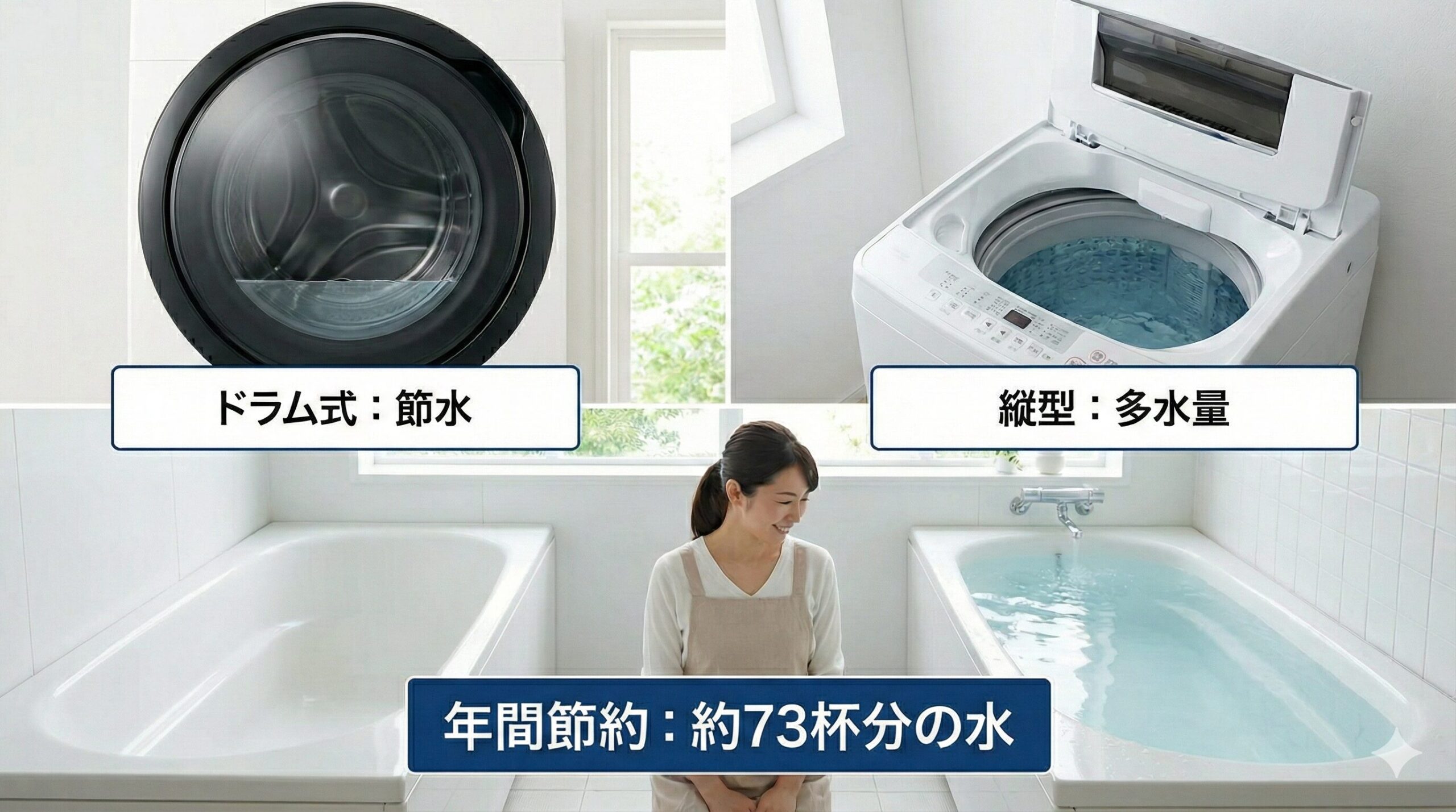 ドラム式と縦型の年間使用水量の違いを浴槽の杯数で比較した図