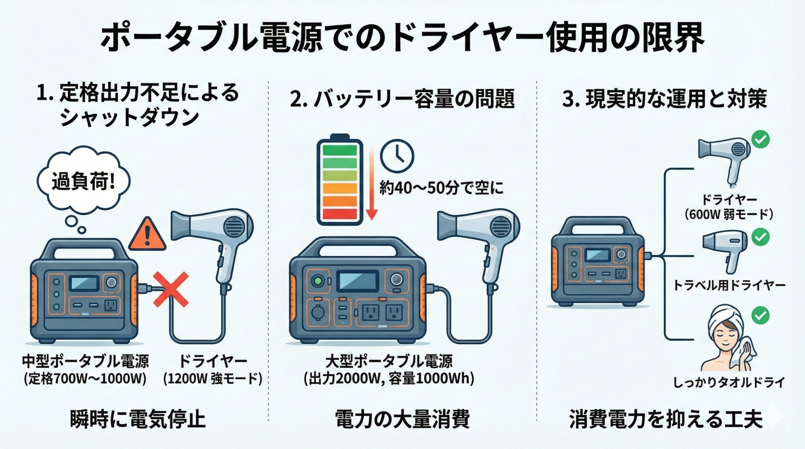 ポータブル電源でのドライヤー使用における限界と対策の図解。中型電源での出力不足による停止、大型電源でも短時間でバッテリーが空になる問題、そして弱モード利用やタオルドライといった消費電力を抑える具体的な工夫がイラストで説明されている。