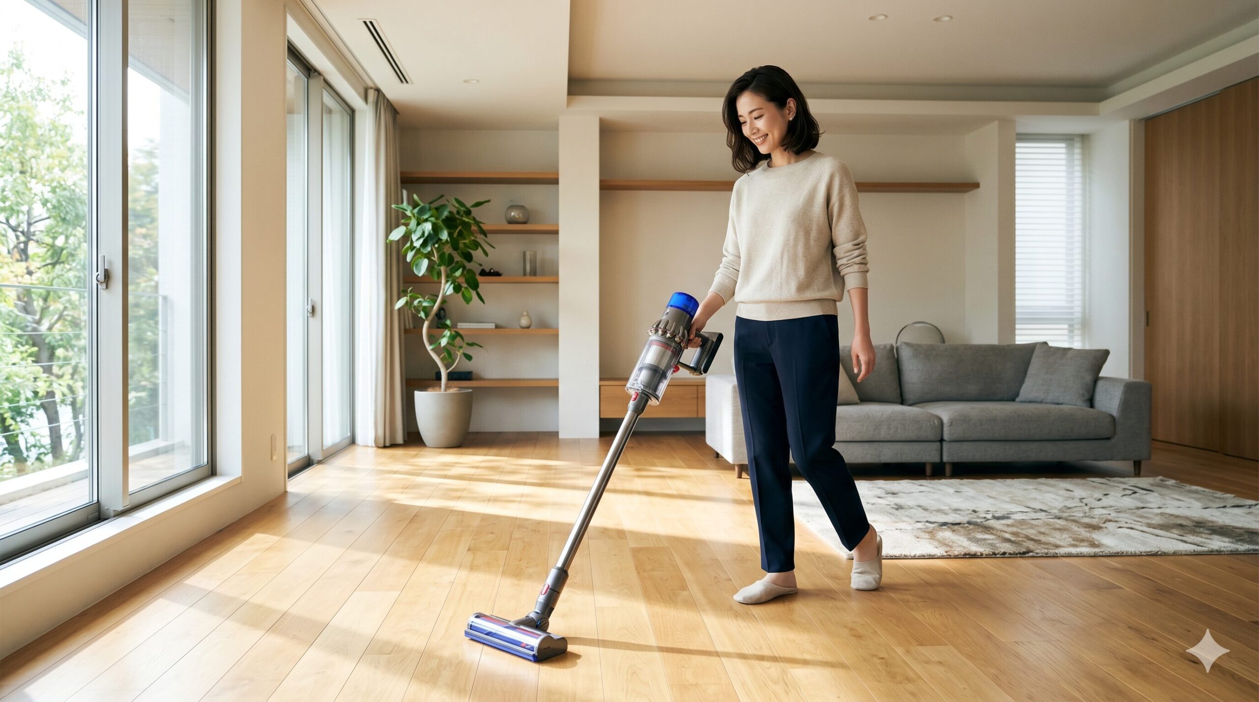 コードレス掃除機でフローリングを軽やかに掃除している女性