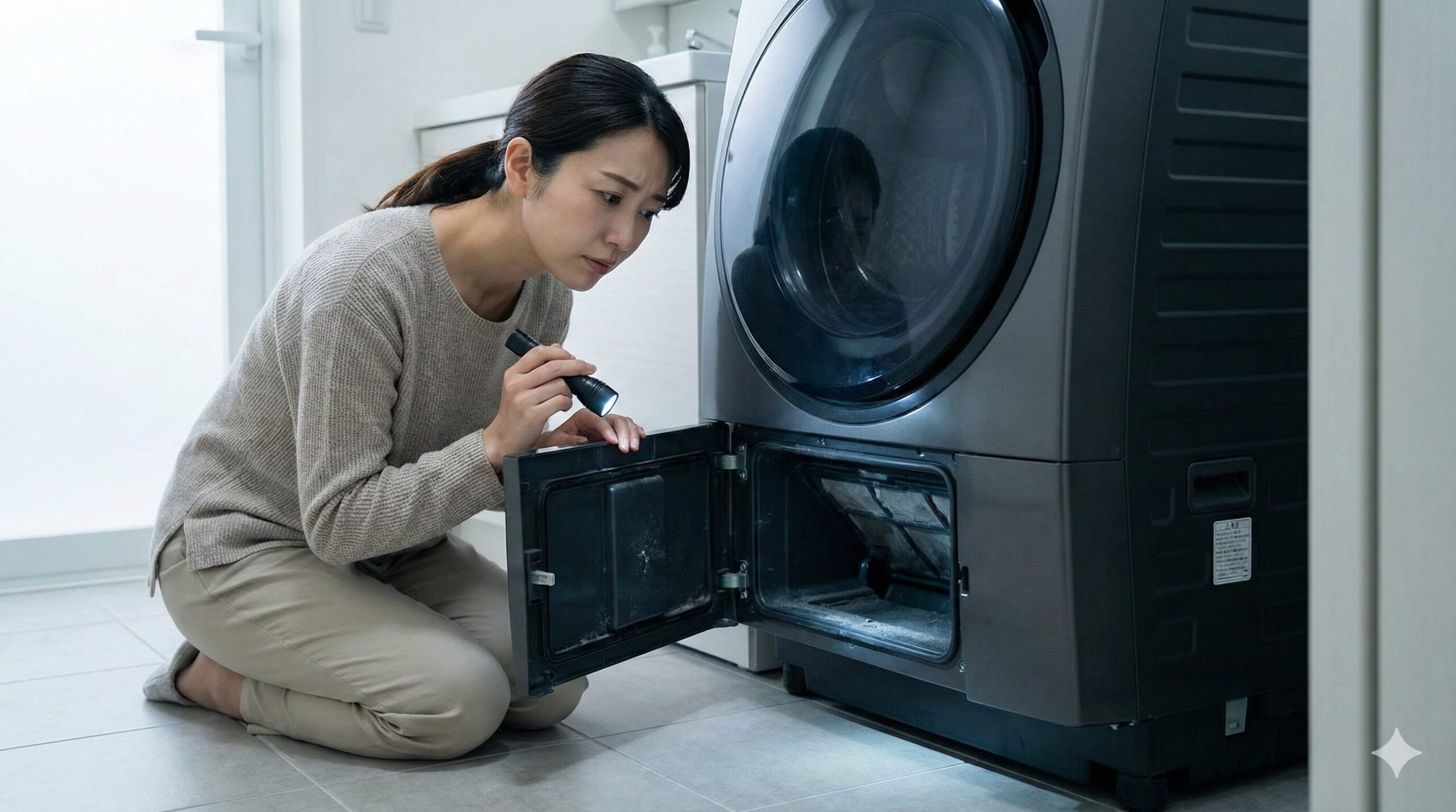 懐中電灯を使ってドラム式洗濯機の糸くずフィルターの奥を点検している日本人女性