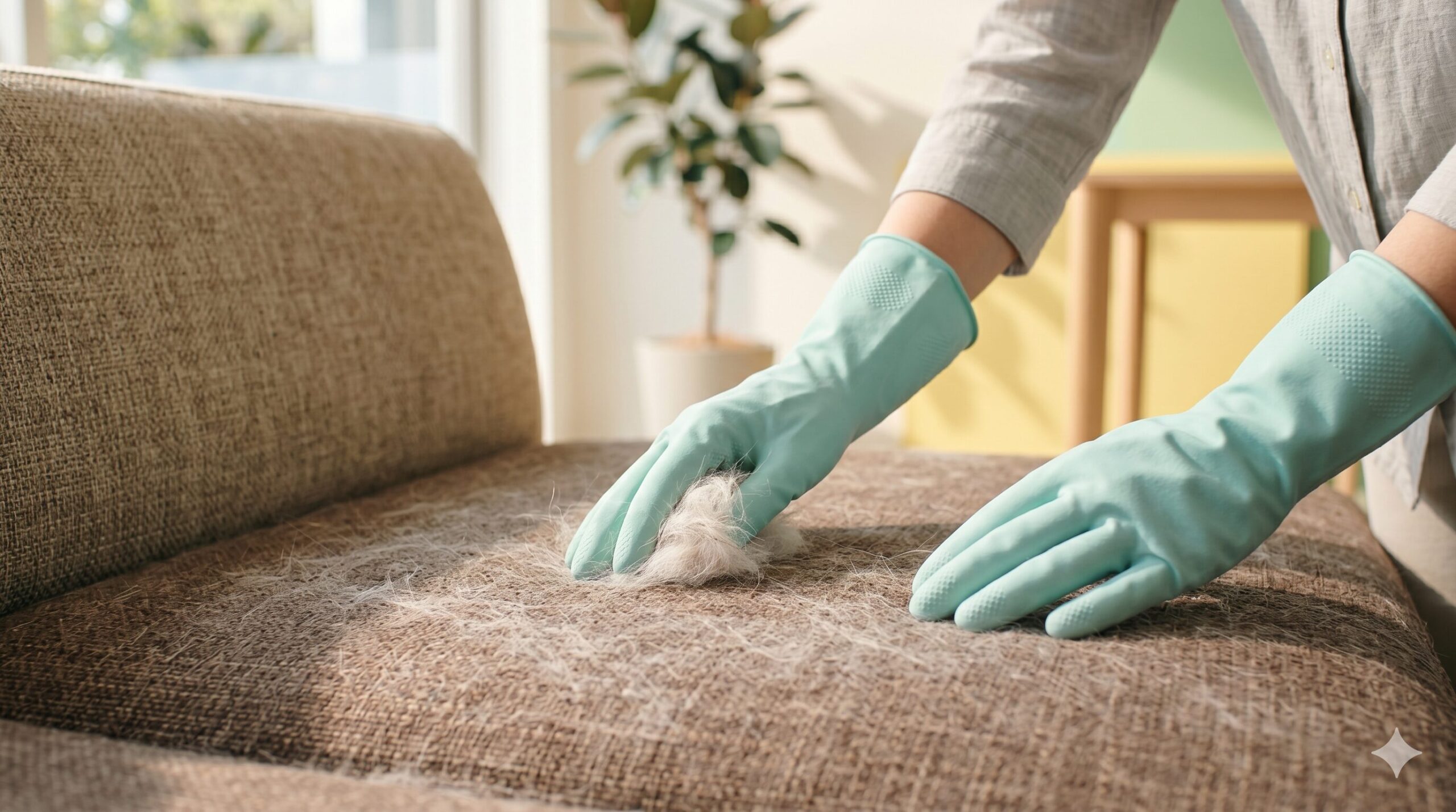 ゴム手袋でソファに付いた猫の毛を集めているところ、静電気で毛が寄り集まる