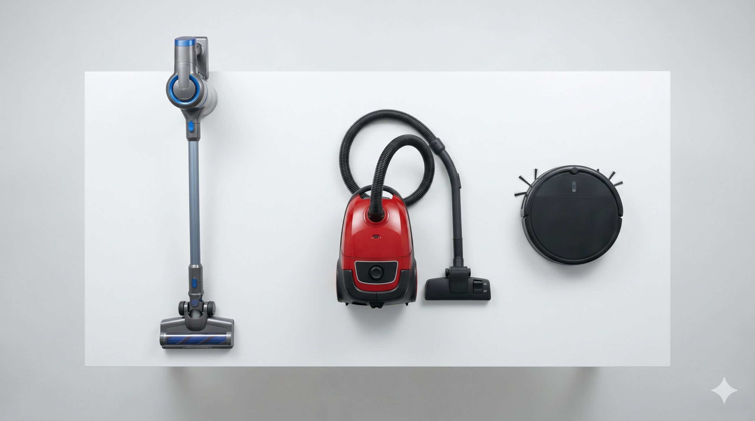 コードレス・キャニスター・ロボットの3タイプの掃除機が並んでいる比較写真