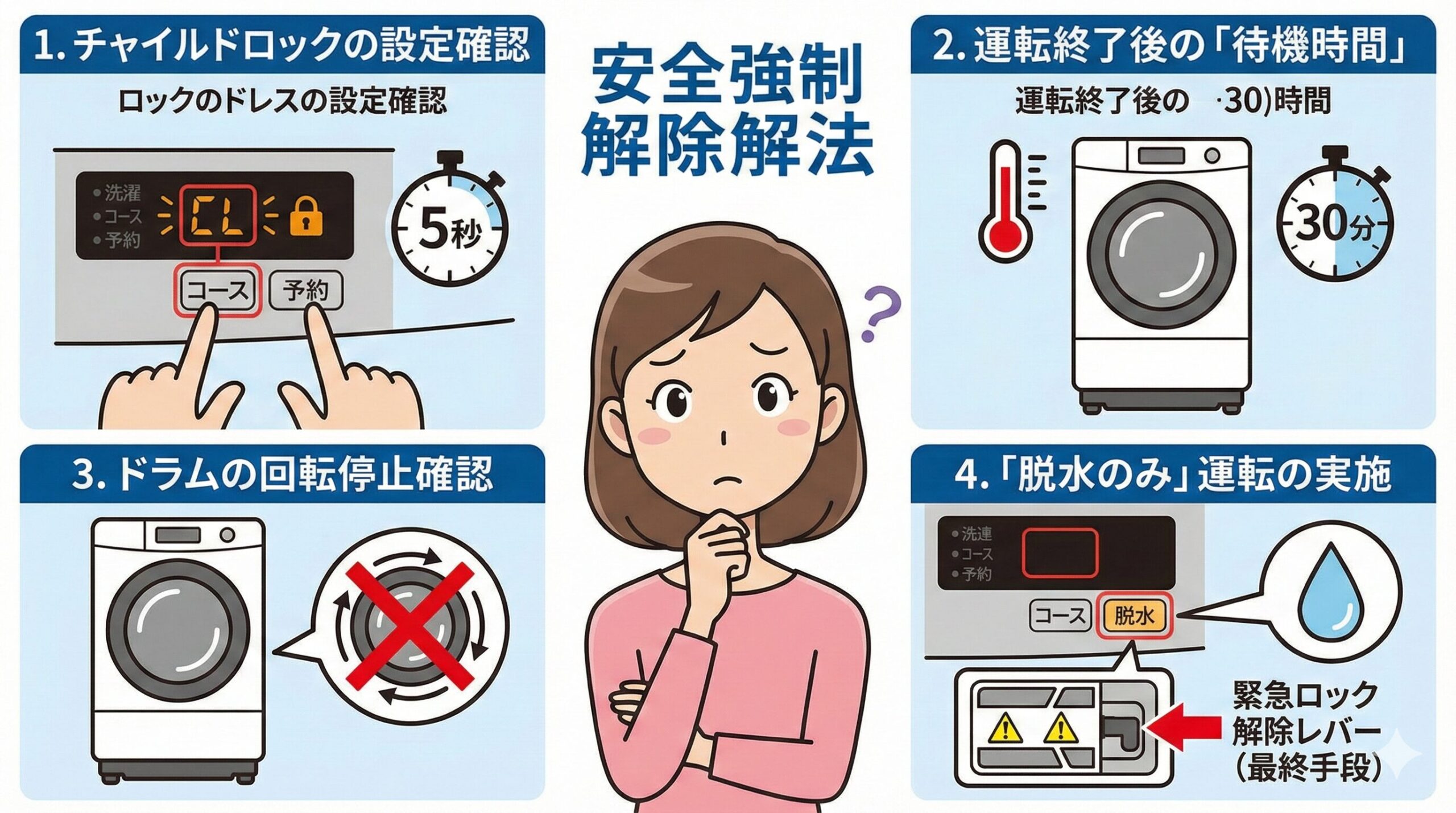 洗濯機の蓋が開かない場合の安全な強制解除方法を図解したイラスト。チャイルドロックの確認、運転終了後の待機、ドラムの回転停止確認、「脱水のみ」運転の実施という4つのステップが、困った顔をした女性のイラストとともに説明されている。