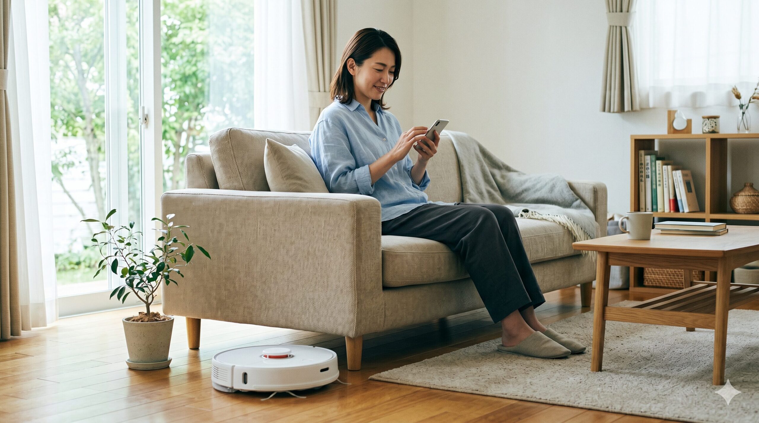 ロボット掃除機が自動掃除する中、くつろぐ日本人女性