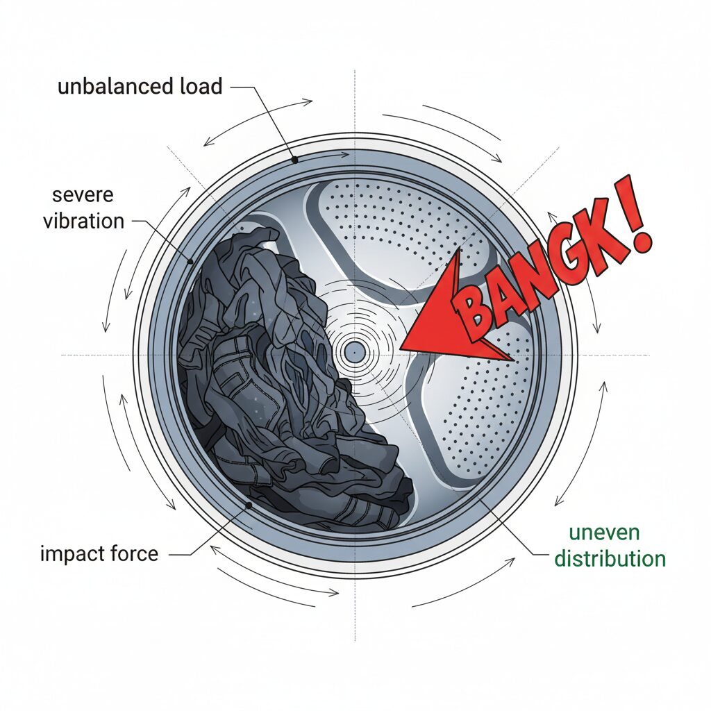 洗濯槽内で洗濯物が一箇所に片寄って固まっている様子を示した断面図、遠心脱水時のバランス不良の原因を説明