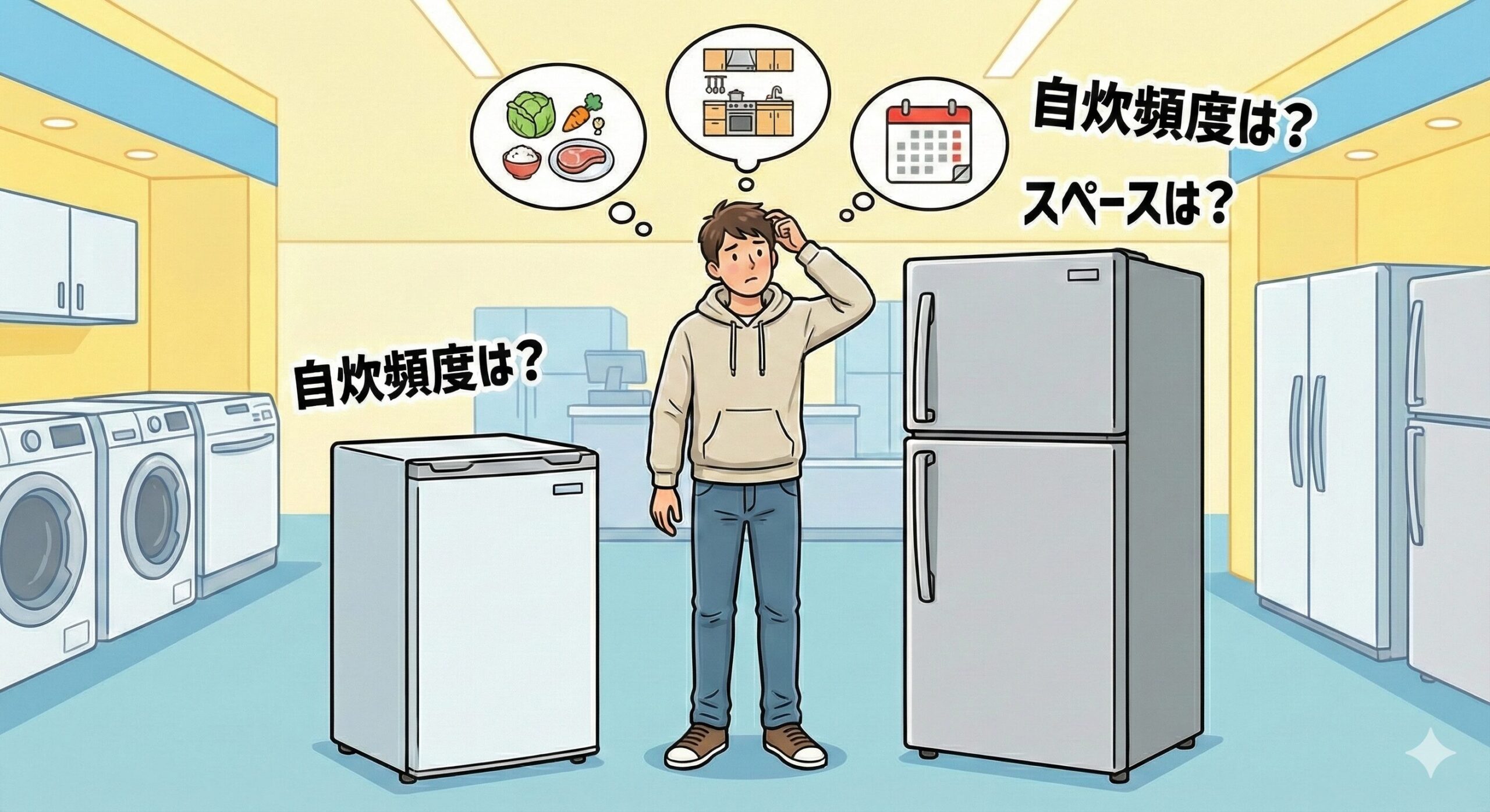 家電量販店で大小異なる冷蔵庫を見比べて、自炊頻度や設置スペースを考慮しながらどれがいいか悩んでいる一人暮らし男性のイラスト