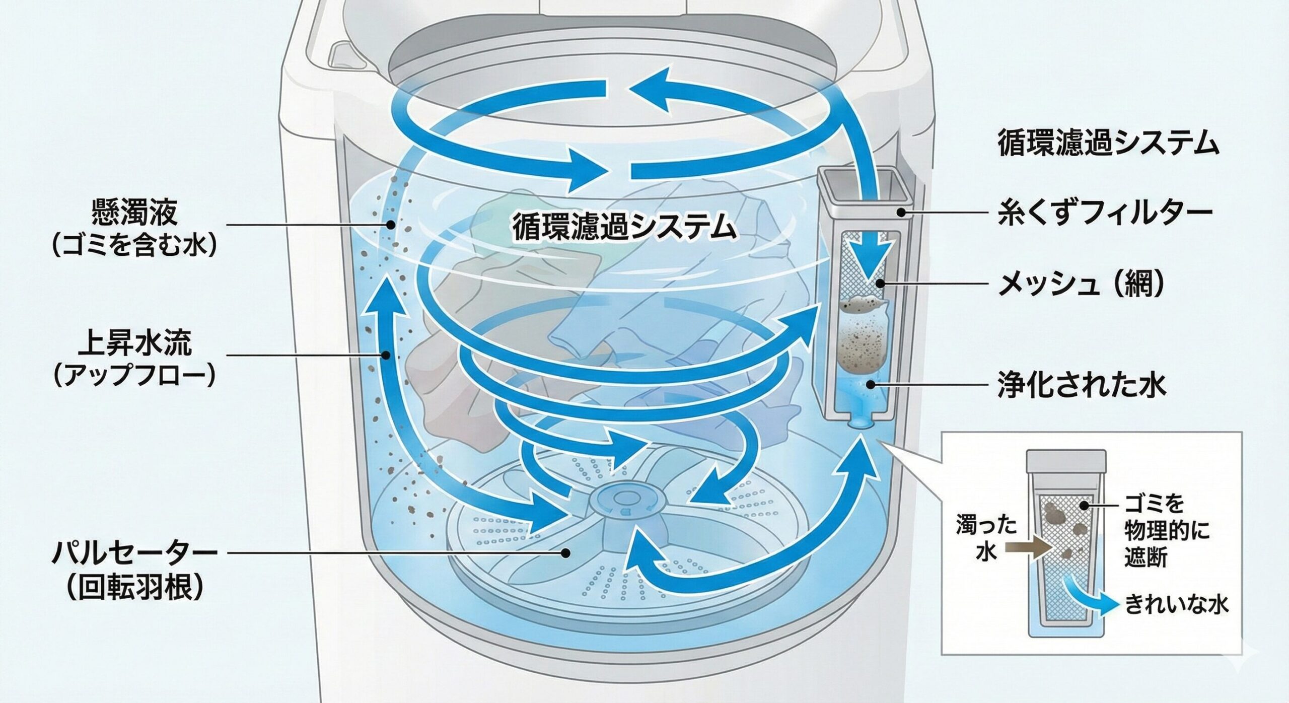縦型洗濯機の断面図を用いた循環濾過システムの解説イラスト。底にあるパルセーター(回転羽根)が回転して青い矢印で示された上昇水流(アップフロー)が発生し、ゴミを含んだ懸濁液が壁面の糸くずフィルターの取り込み口に流れ込む様子が描かれている。フィルター部分の拡大図では、濁った水がメッシュ(網)を通過する際に繊維くずなどのゴミが物理的に遮断され、浄化された水が再び洗濯槽に戻るサイクルが示されている。