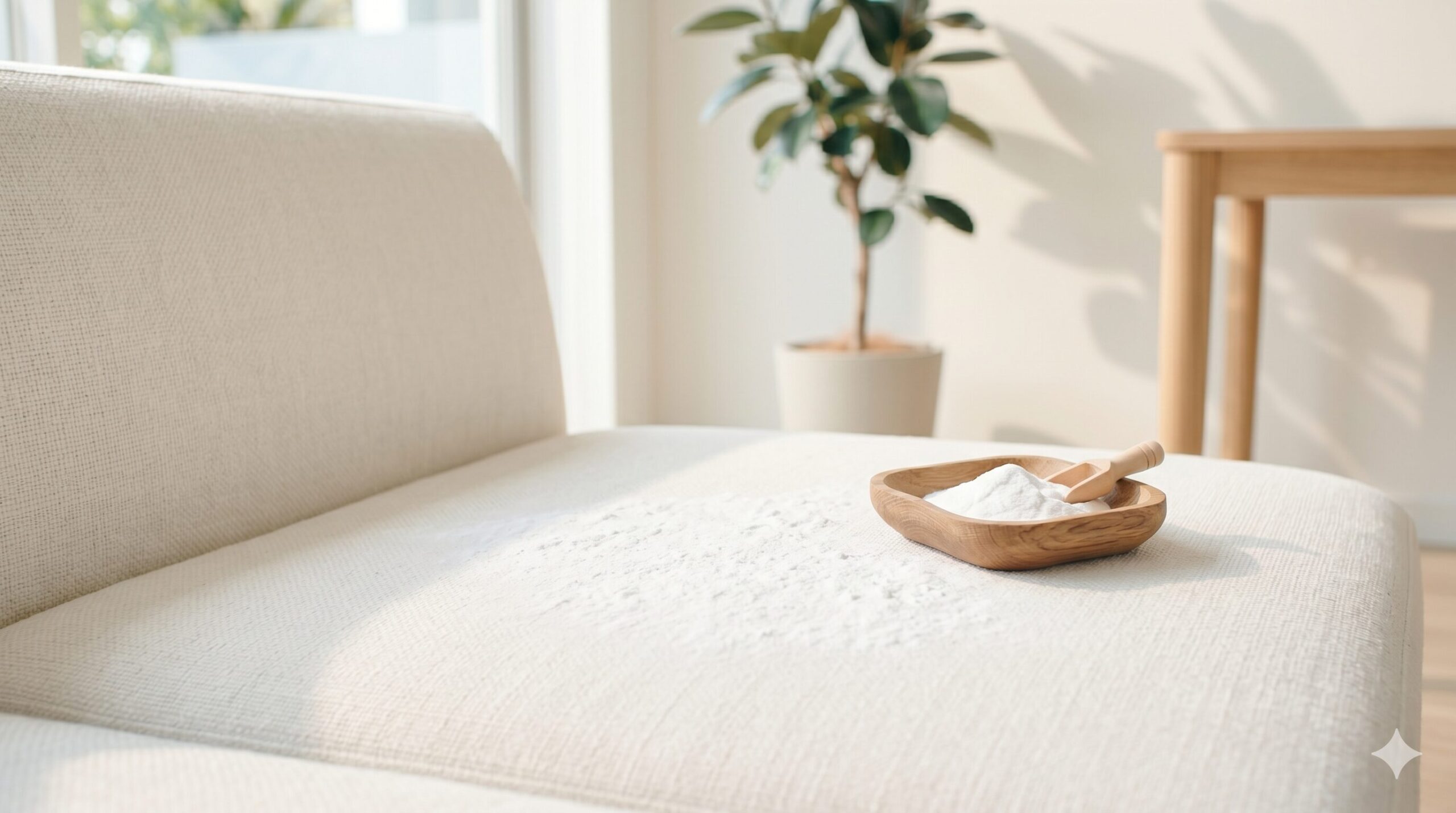 布ソファに重曹を振りかけて臭い取りをしている様子