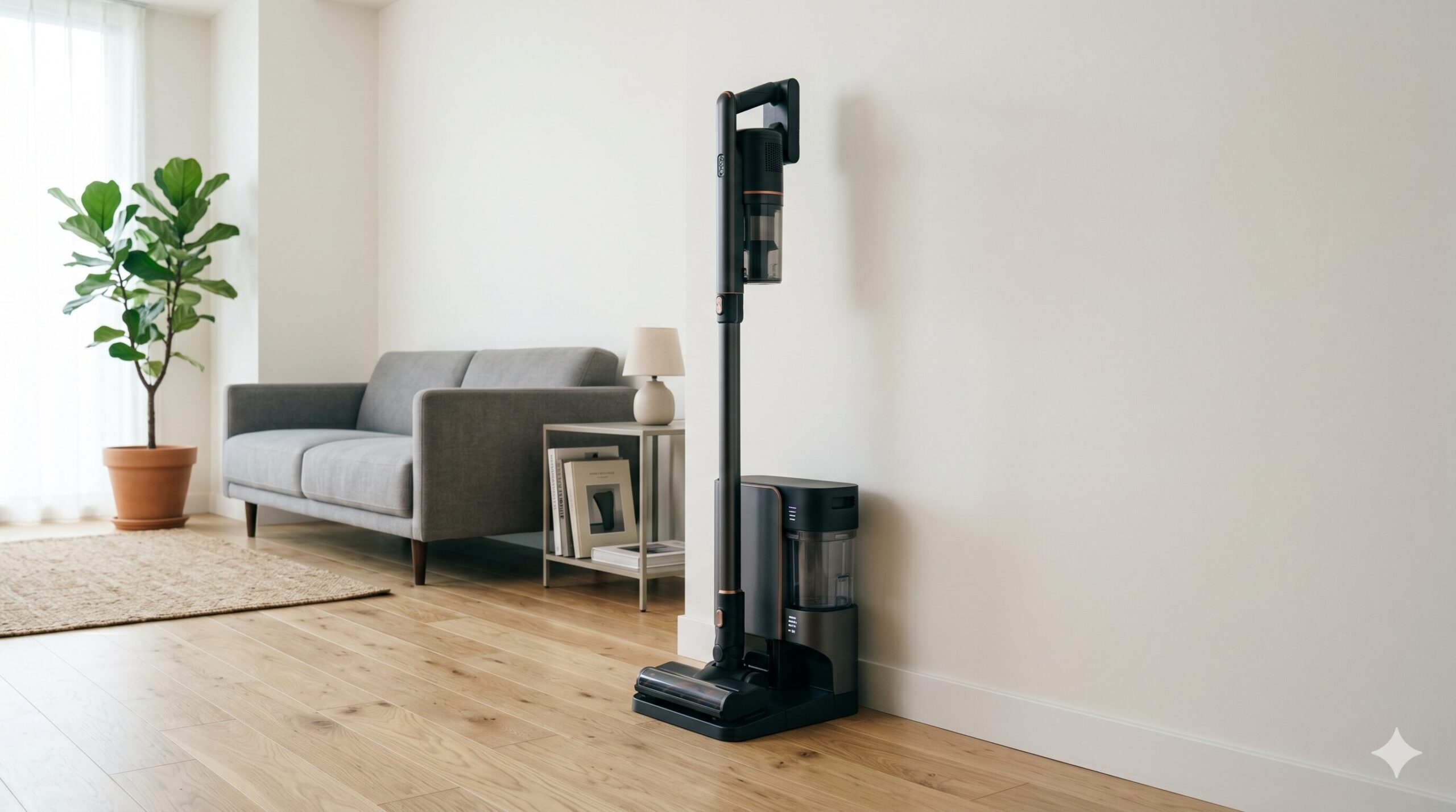 スティック掃除機が自動ゴミ収集ドックにセットされたシーン