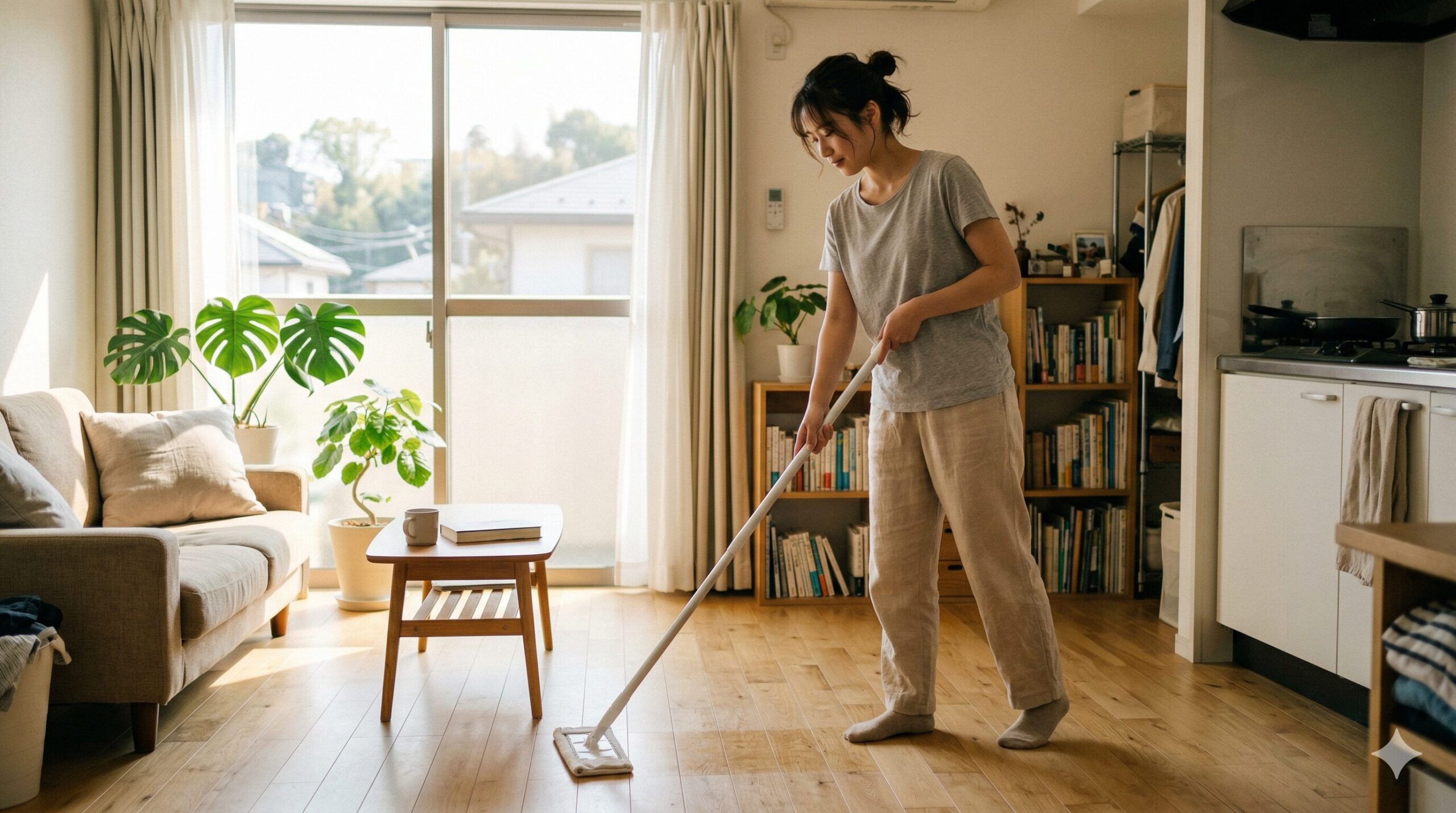朝の日課としてフローリングワイパーをかける一人暮らしの女性