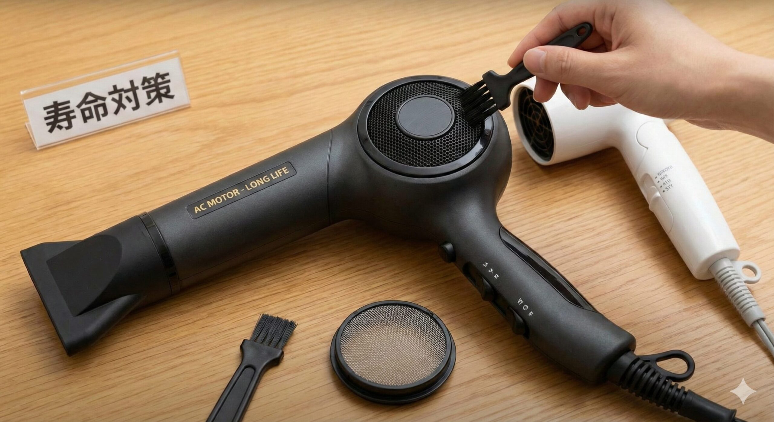 長寿命なACモーター搭載ドライヤーと、フィルター掃除用のブラシ。「寿命対策」の看板とともに、ドライヤーを長く使うためのメンテナンスの様子。
