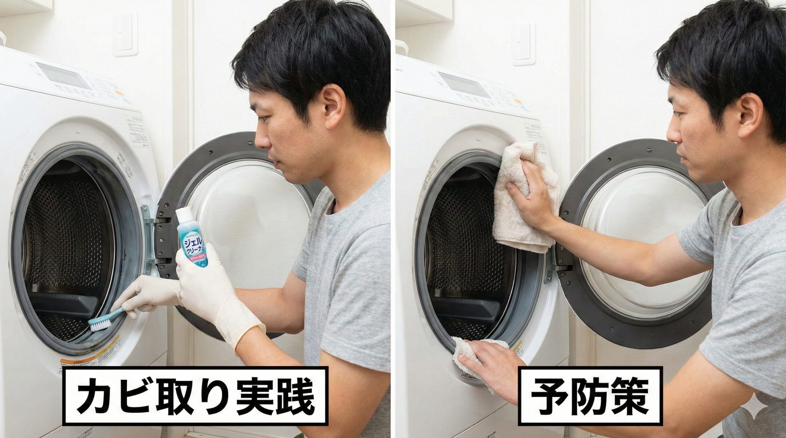 画像の左側には男性が洗濯機のフチをジェル洗剤とブラシで掃除する「カビ取り実践」の様子、右側には掃除後にタオルで水分を拭き取る「予防策」の様子が写っている写真。