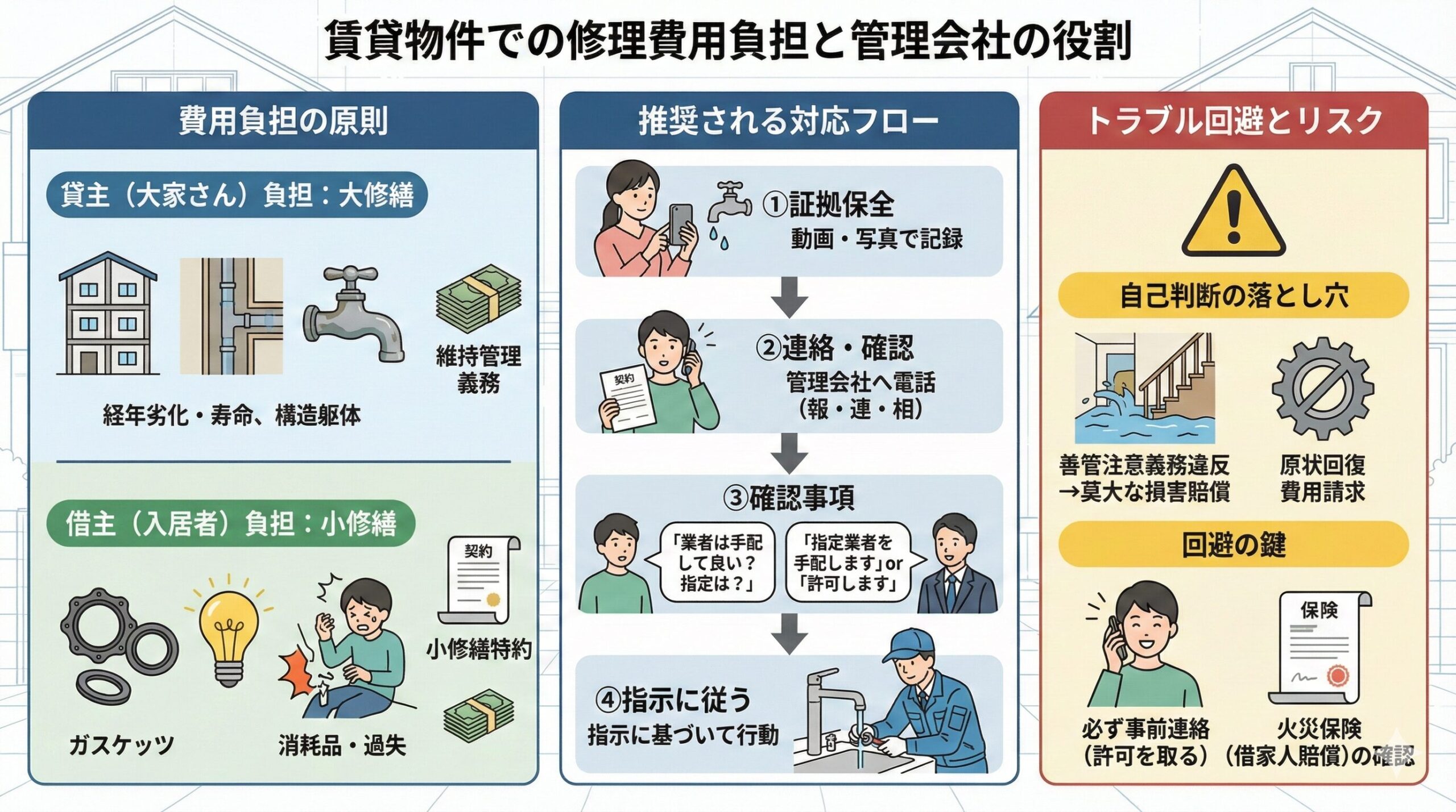 賃貸物件における修理費用負担（貸主・借主の区分）の原則と、水漏れトラブル発生時の推奨対応フロー（証拠保全、連絡・確認、指示に従う）、自己判断のリスクとトラブル回避のポイント（管理会社への事前連絡の重要性など）をまとめたインフォグラフィック図解。