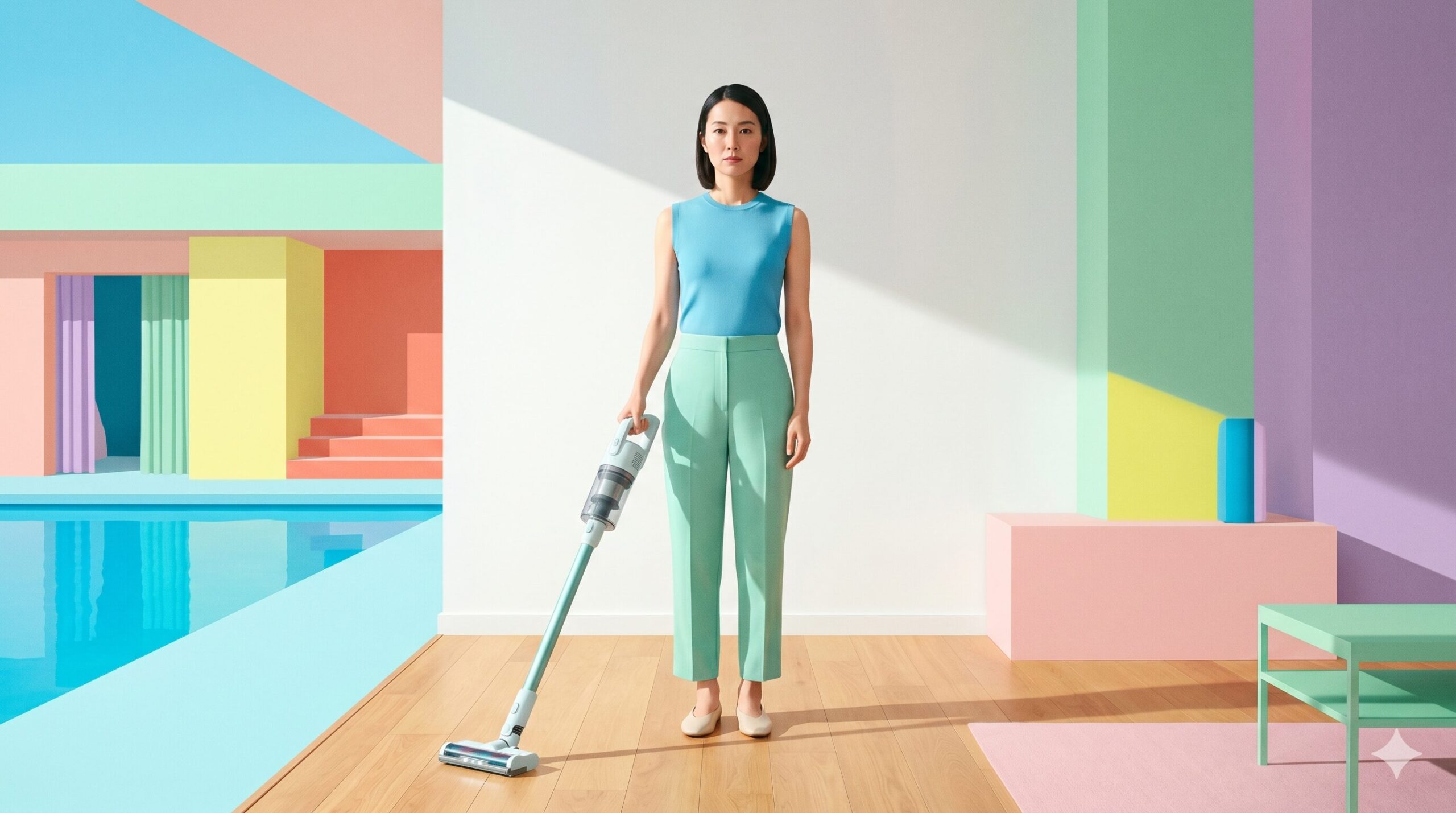 日本人女性が軽量コードレス掃除機を片手で操作しているシーン