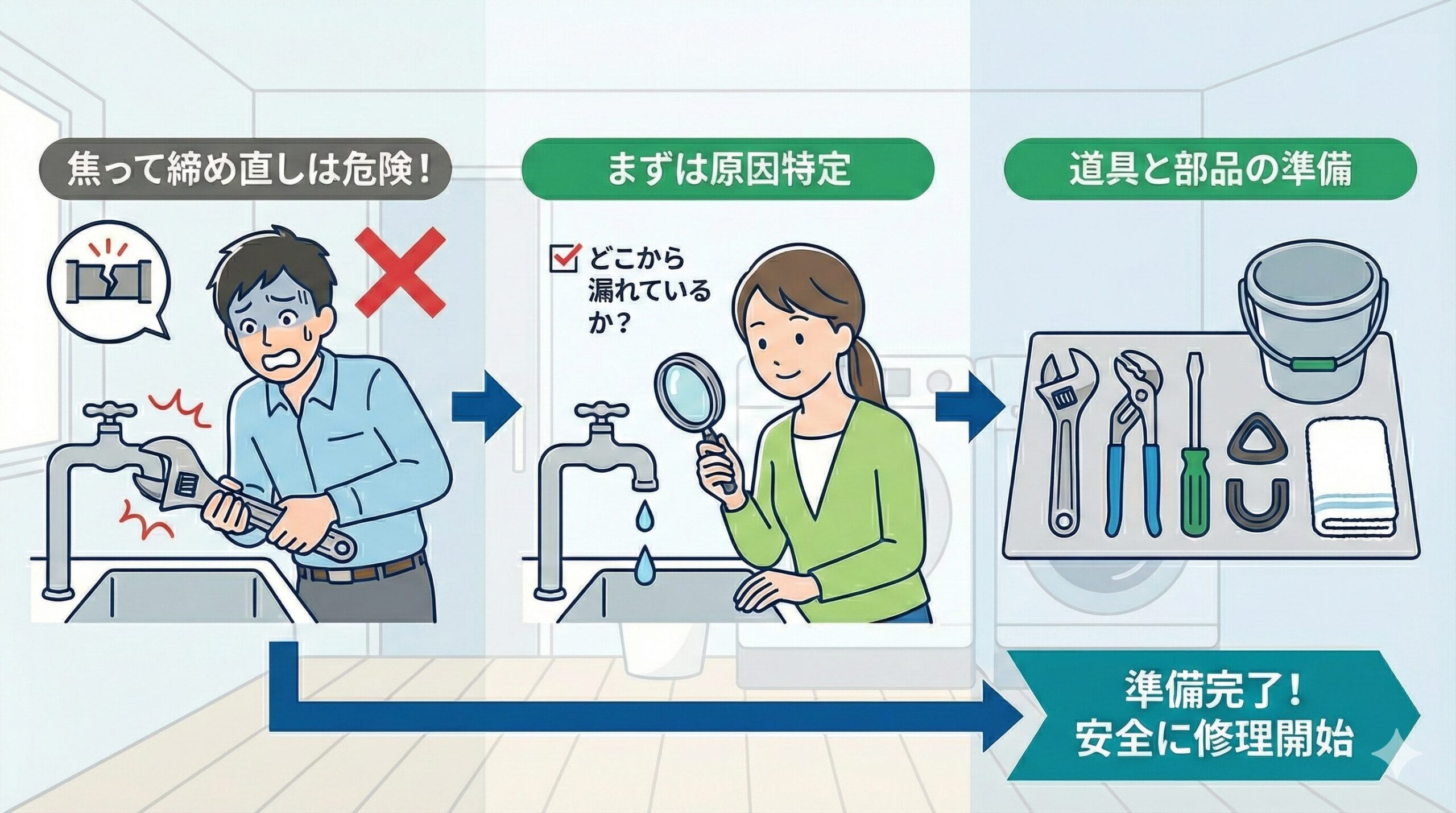 洗濯機の蛇口水漏れ修理の正しい手順を示す3ステップの図解。左：焦ってすぐに工具で締め直そうとする危険な例、中央：落ち着いて水漏れ箇所を特定する様子、右：必要な工具と部品を整列させて準備する様子。