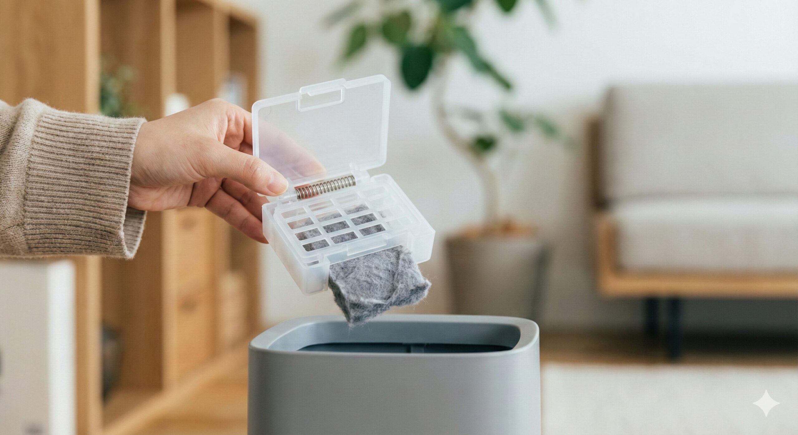 カセット式の糸くずフィルターを開けてゴミ箱にワンタッチでゴミを捨てている様子