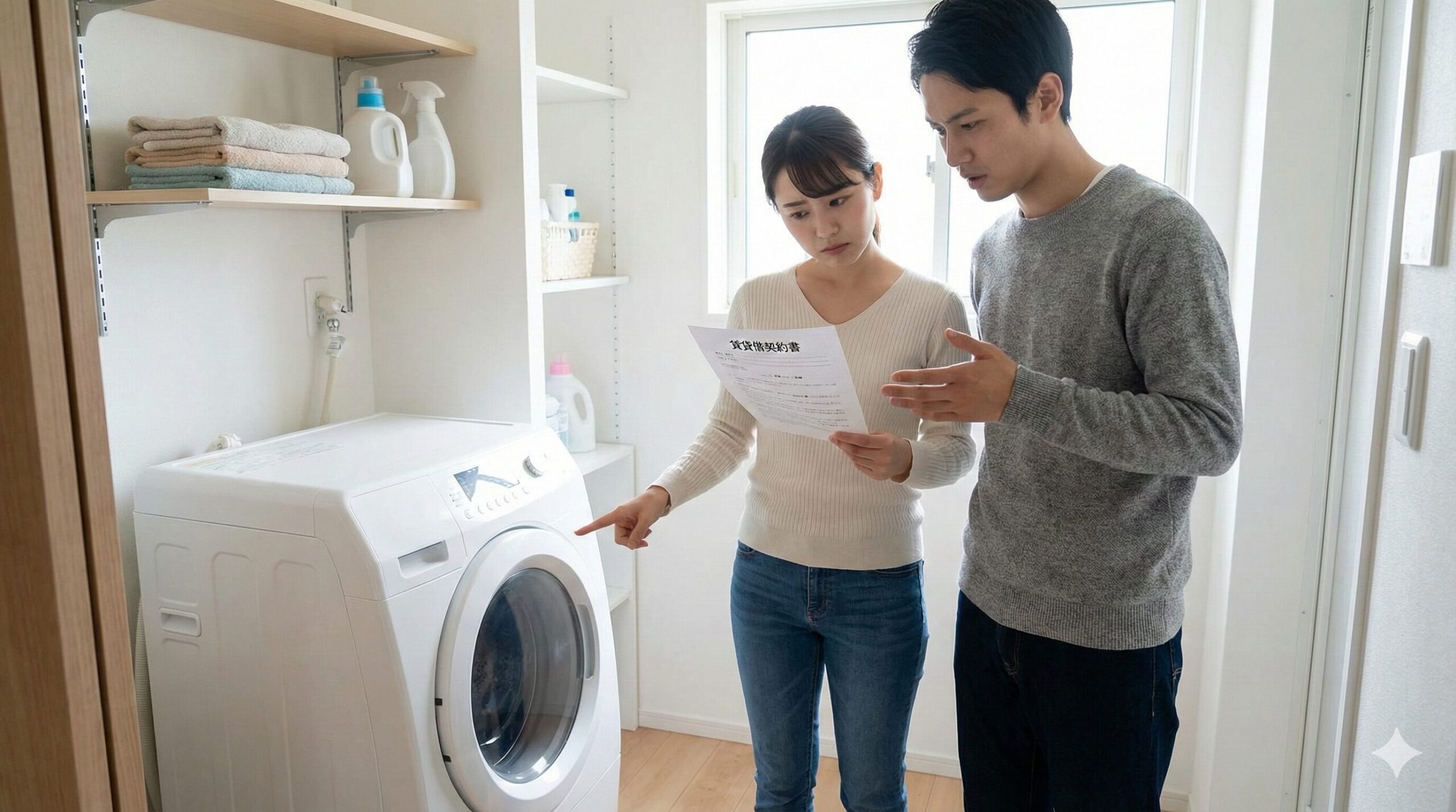 賃貸マンションの洗濯機置き場の前で、防水パンの設置について契約書を確認しながら相談している日本人カップル