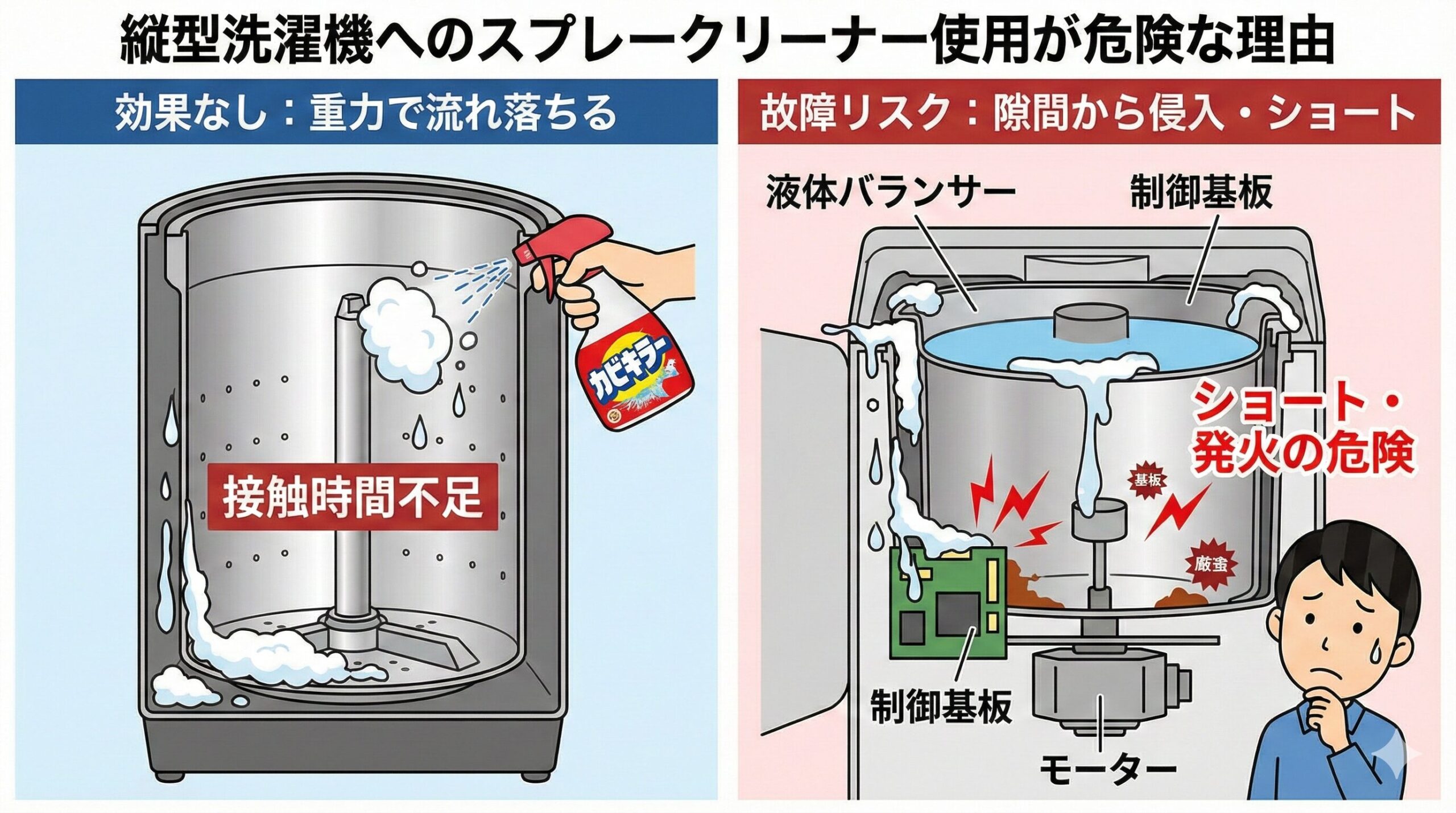 縦型洗濯機へのスプレークリーナー使用が危険な理由を示す図解。左側は泡が重力で流れ落ちて「接触時間不足」となり効果がない様子、右側は洗剤が隙間から侵入し制御基板やモーターで「ショート・発火の危険」がある故障リスクを解説している。