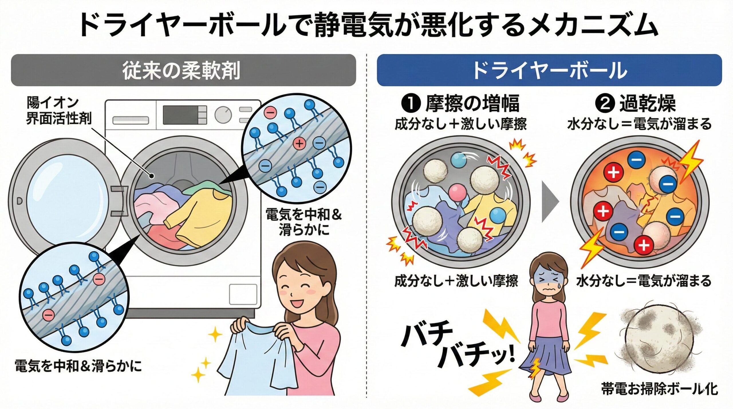 「ドライヤーボールで静電気が悪化するメカニズム」の図解。左側は従来の柔軟剤が陽イオン界面活性剤で繊維を覆い電気を中和する様子、右側はドライヤーボールにはその成分がなく、激しい摩擦と過乾燥によって電気が溜まり、強い静電気が発生して女性が困っている様子とホコリを吸着したボールが描かれている。