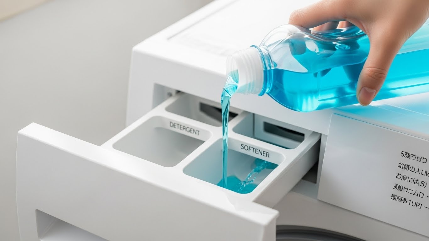 清潔な洗濯機の洗剤投入口に液体洗剤を注いでいる手元のクローズアップ写真