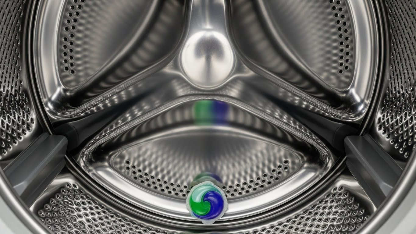 洗濯物を入れる前の空っぽの洗濯槽の底に置かれたジェルボール洗剤の俯瞰写真