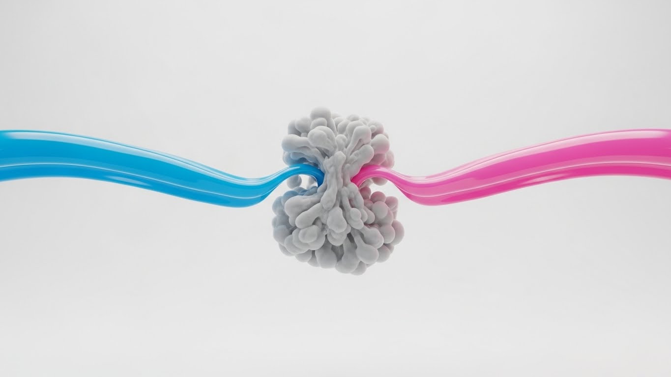 青い洗剤とピンクの柔軟剤が混ざり合い、化学反応を起こしてドロドロの塊(スカム)になってしまっている様子のイメージ図