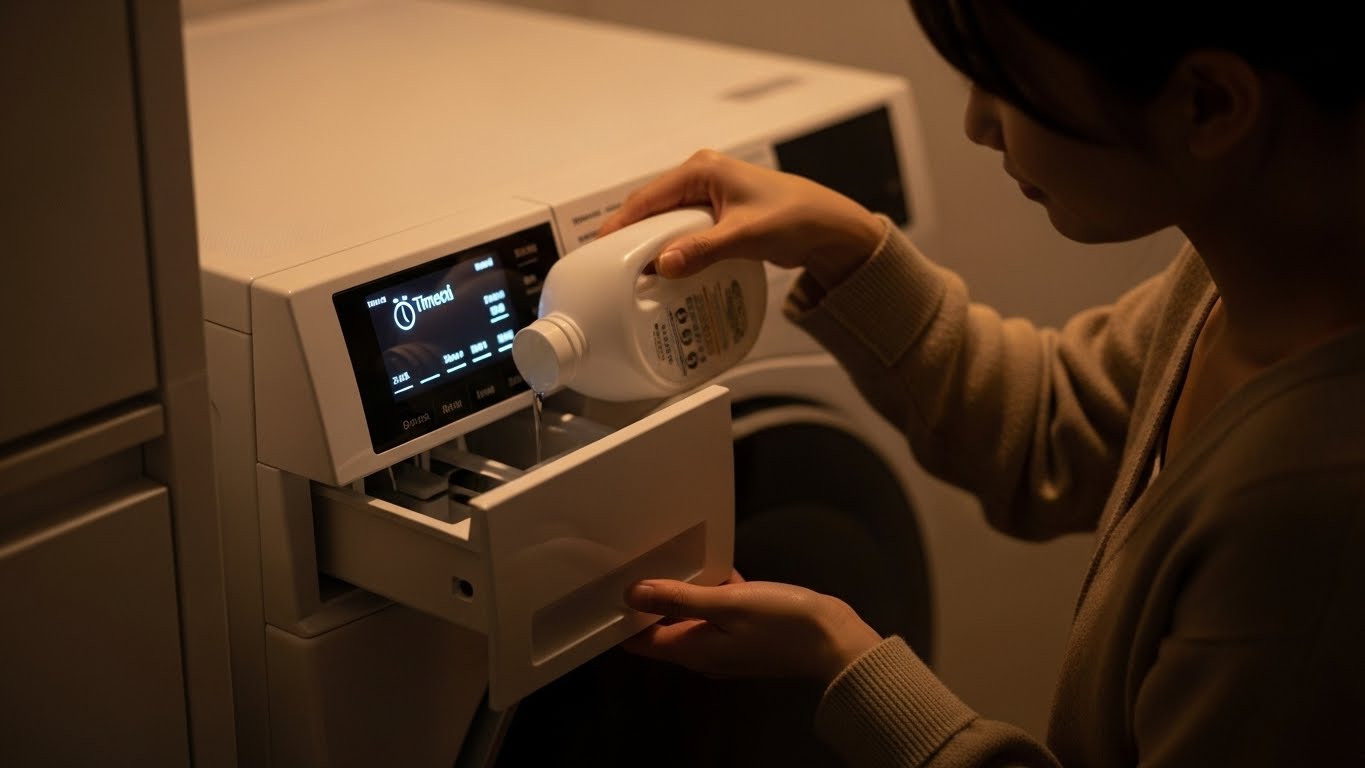 夜、予約洗濯のために洗濯機の洗剤投入口へ液体洗剤を入れている様子。操作パネルが光っている。