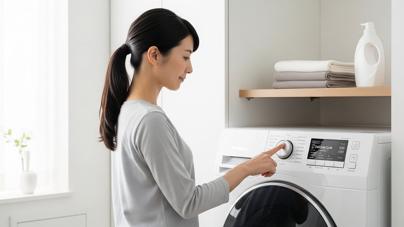 洗濯機の操作パネルでコース設定を行っている日本人女性