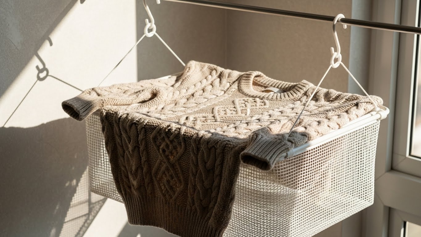 窓辺で平干しネットを使ってセーターを干している様子