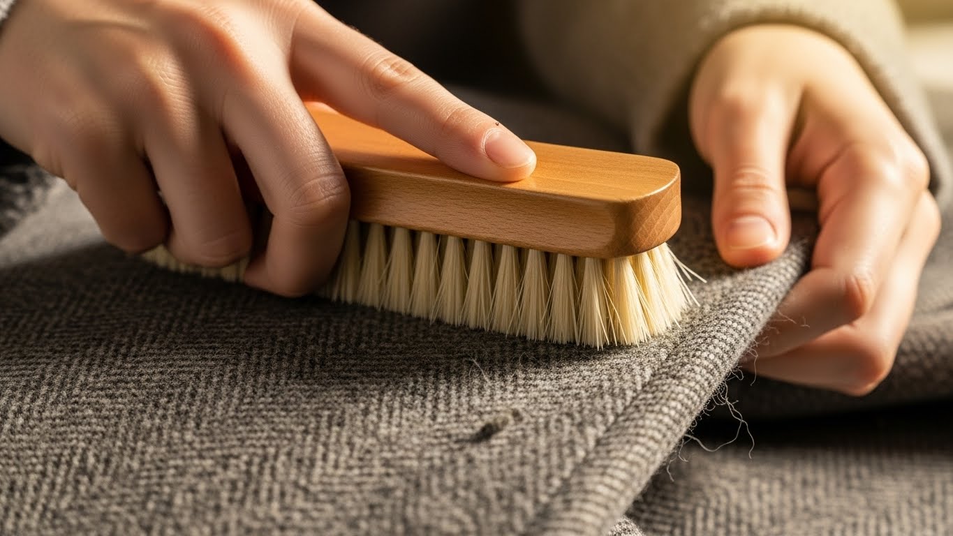 洋服ブラシを使ってウールコートのお手入れをしている様子