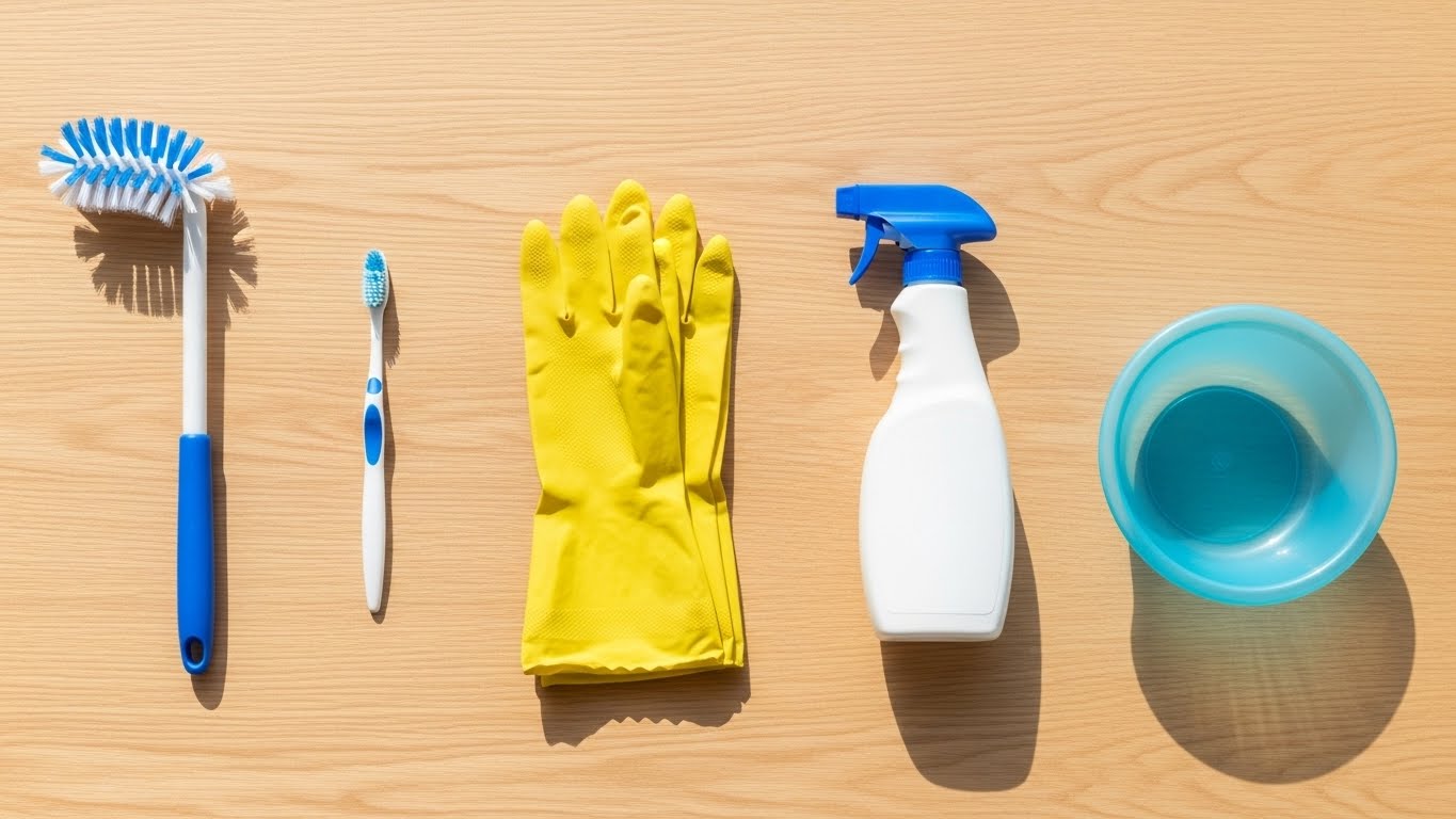 洗濯機フィルター奥の掃除に必要な道具一式（L字ブラシ、歯ブラシ、ゴム手袋、泡スプレー、洗面器）