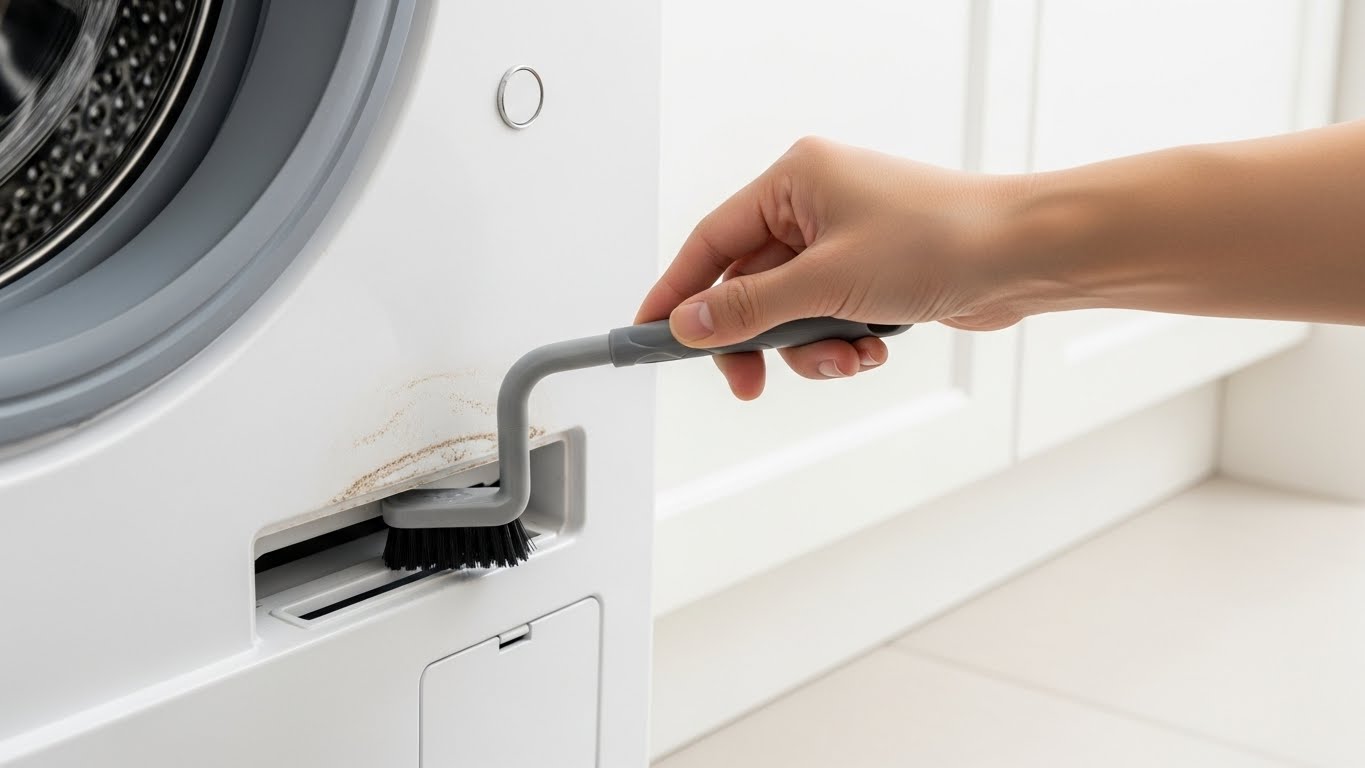 L字型の専用ブラシを使ってドラム式洗濯機のフィルター奥の天井部分を掃除している手元の様子