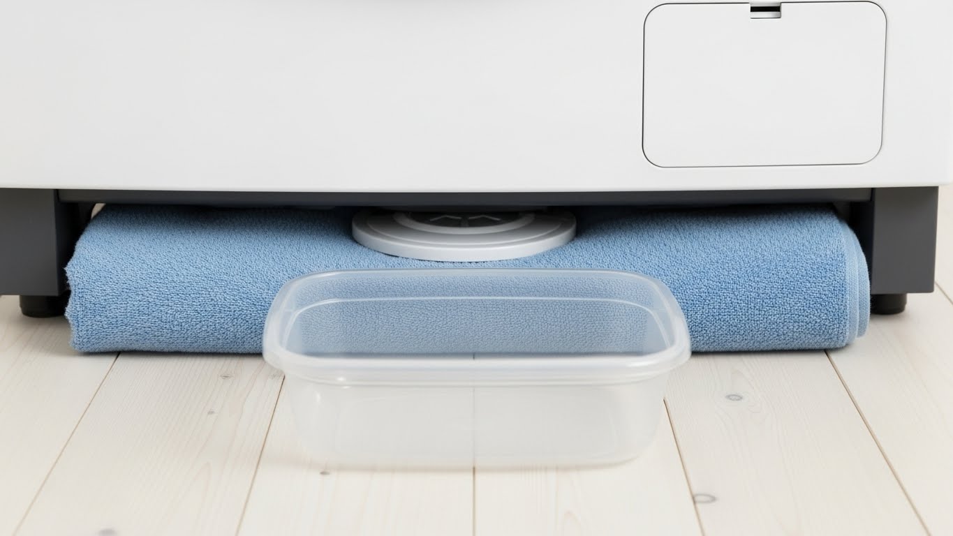 洗濯機の糸くずフィルターの下に水受け用のタオルと洗面器をセットした様子