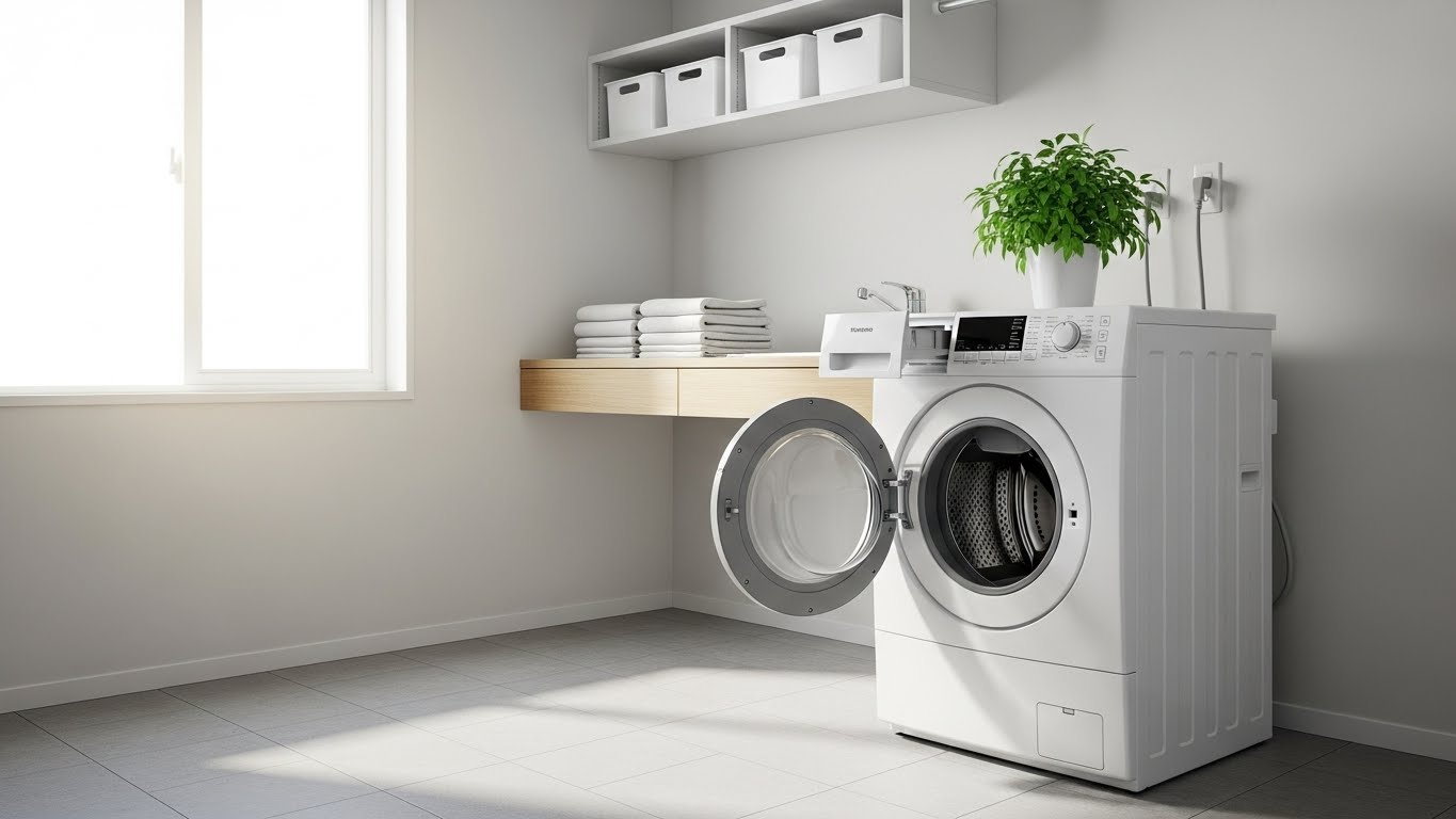 カビ予防のために使用後のドラム式洗濯機のドアと洗剤ケースを開けて乾燥させている様子